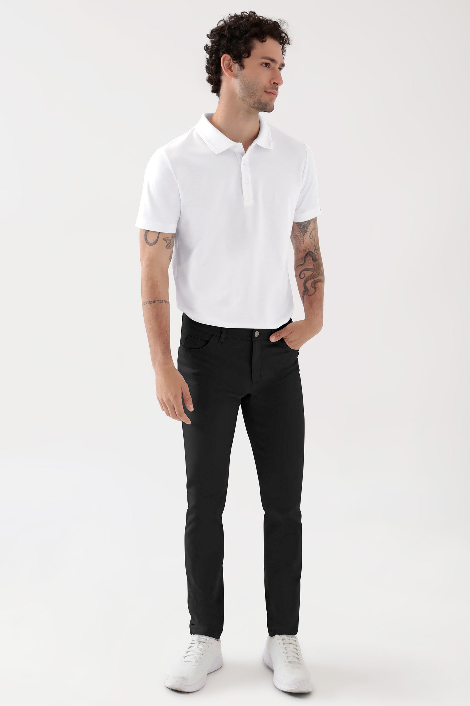 COMFY FLEX 5-Pocket Hose Herren - schlankes Bein schwarz, Vorderansicht Das Model ist 188 cm groß und trägt Grösse 48