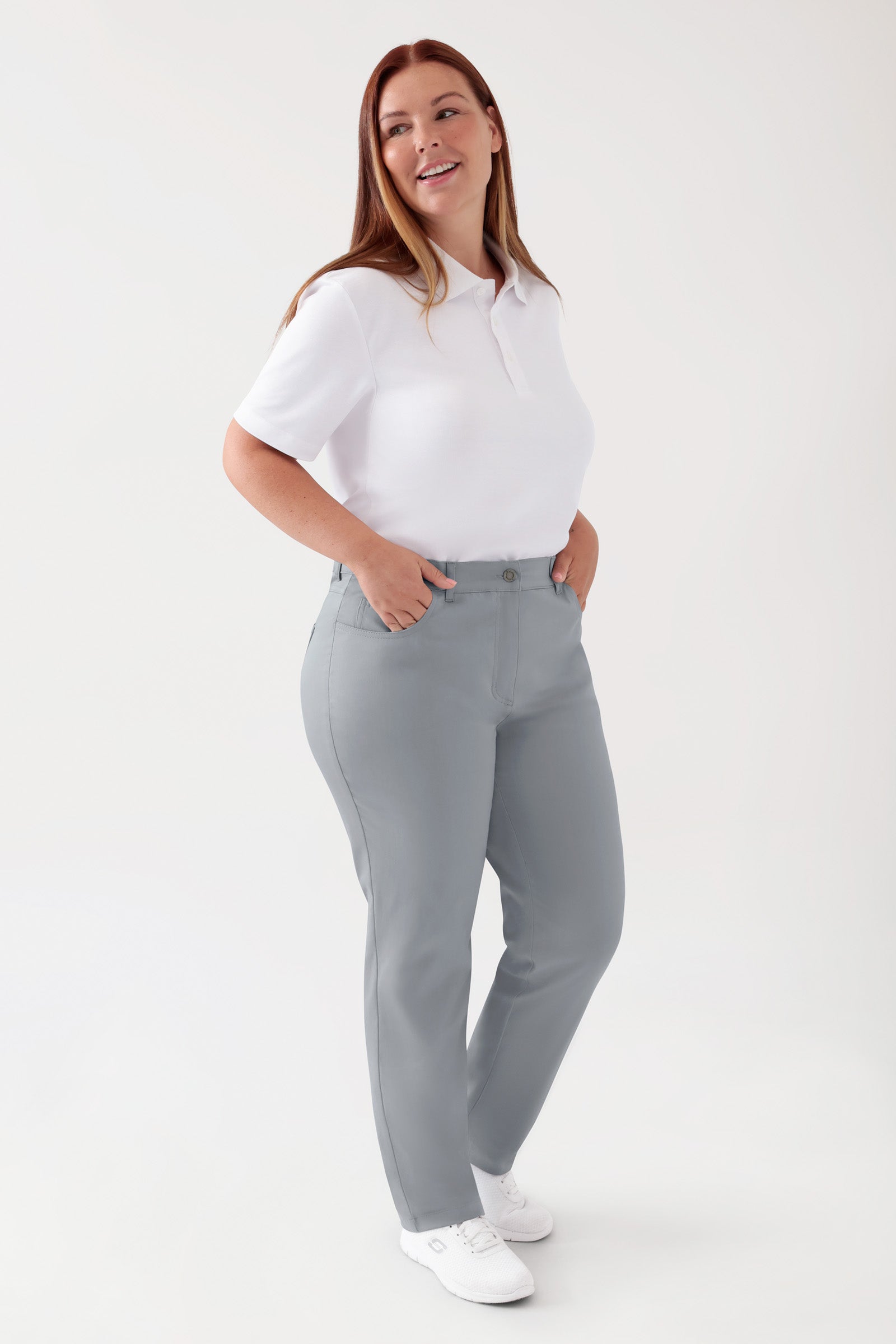 COMFY FLEX 5-Pocket Hose Damen - gerades Bein grau, Vorderansicht Das Model ist 173 cm groß und trägt Grösse 46