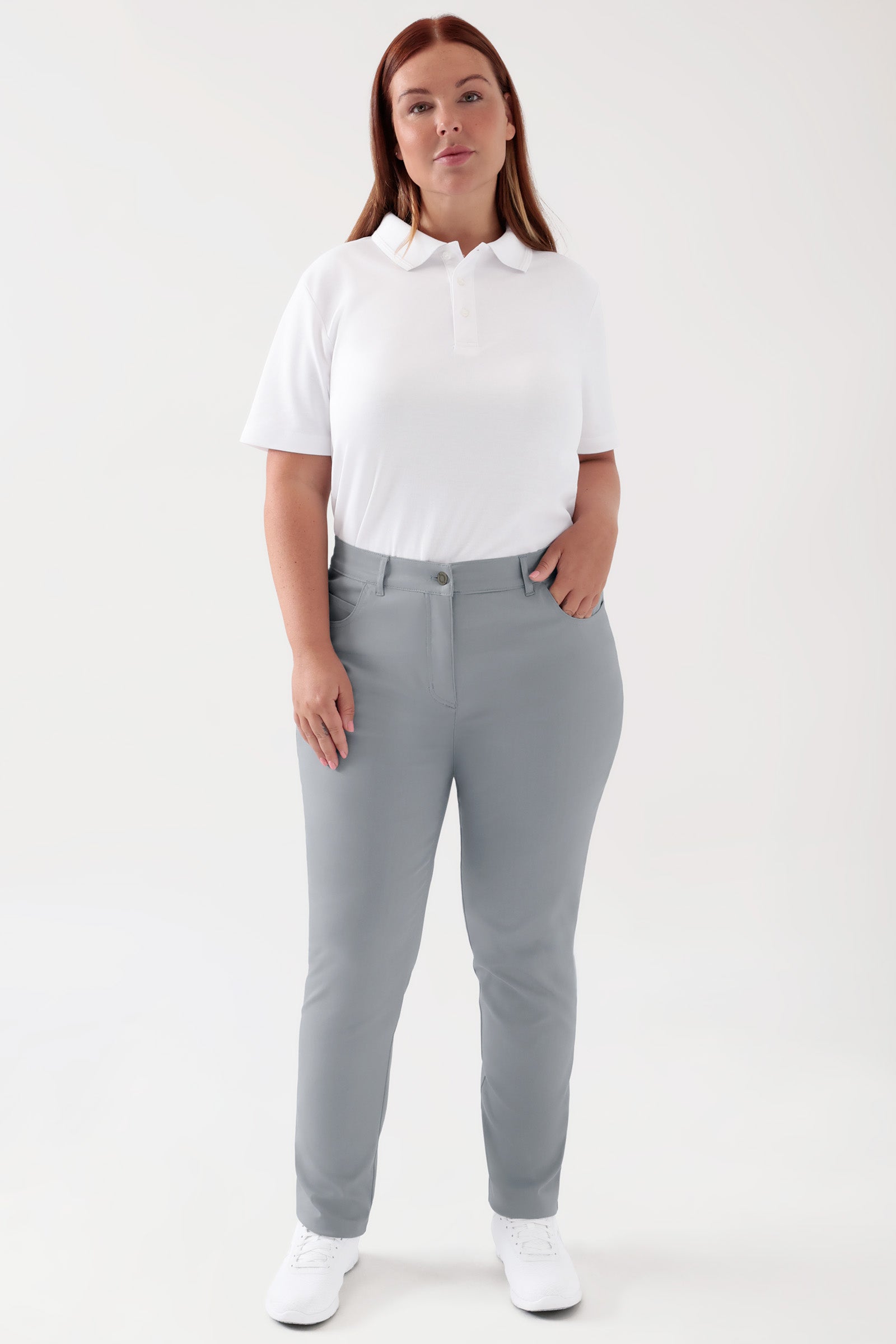 COMFY FLEX 5-Pocket Hose Damen - schlankes Bein grau, Vorderansicht Das Model ist 173 cm groß und trägt Grösse 46