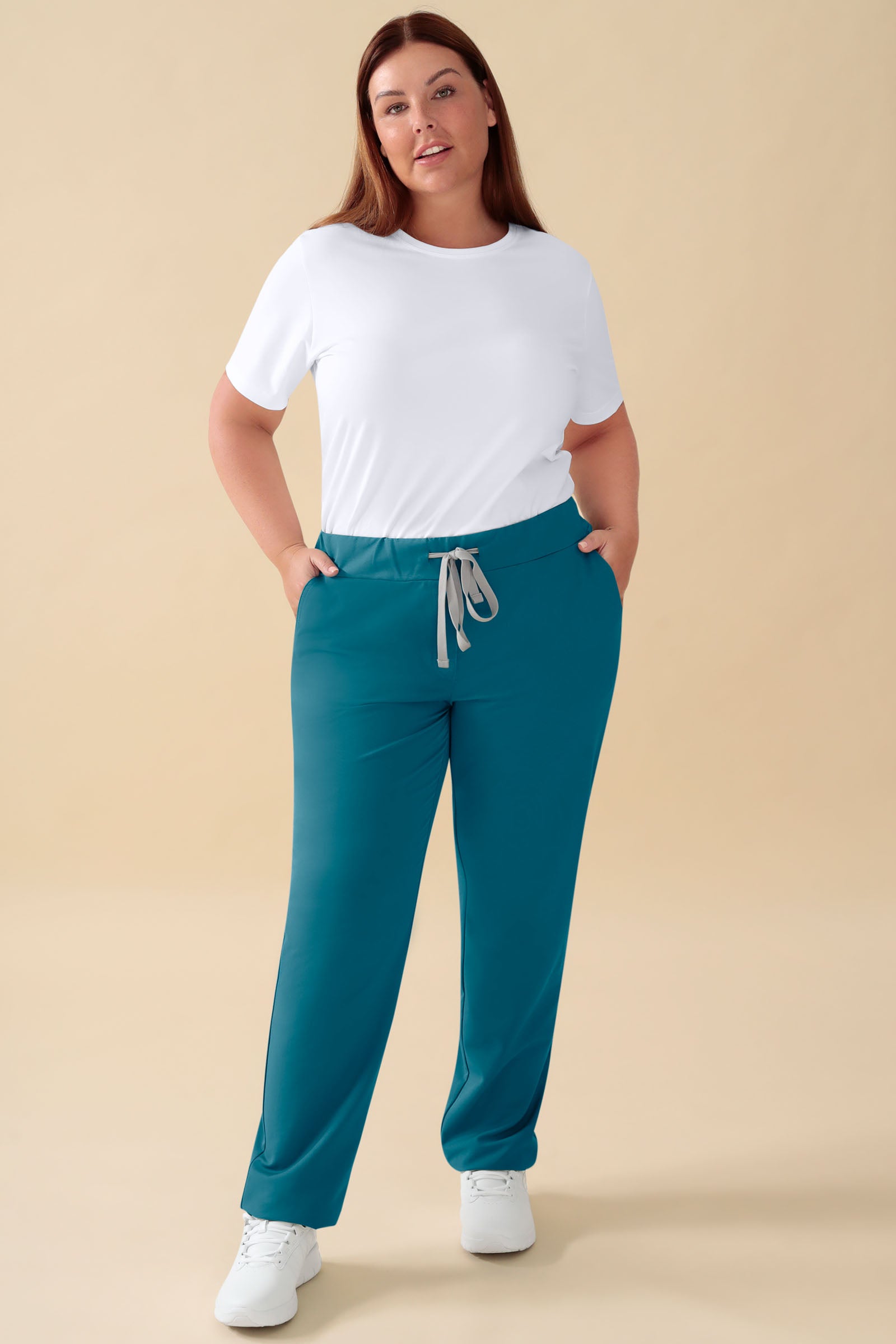 KAERE Hose Damen - gerader Saum ohne Beintaschen petrol, Vue de face Le mannequin mesure 173 cm et porte la taille XL