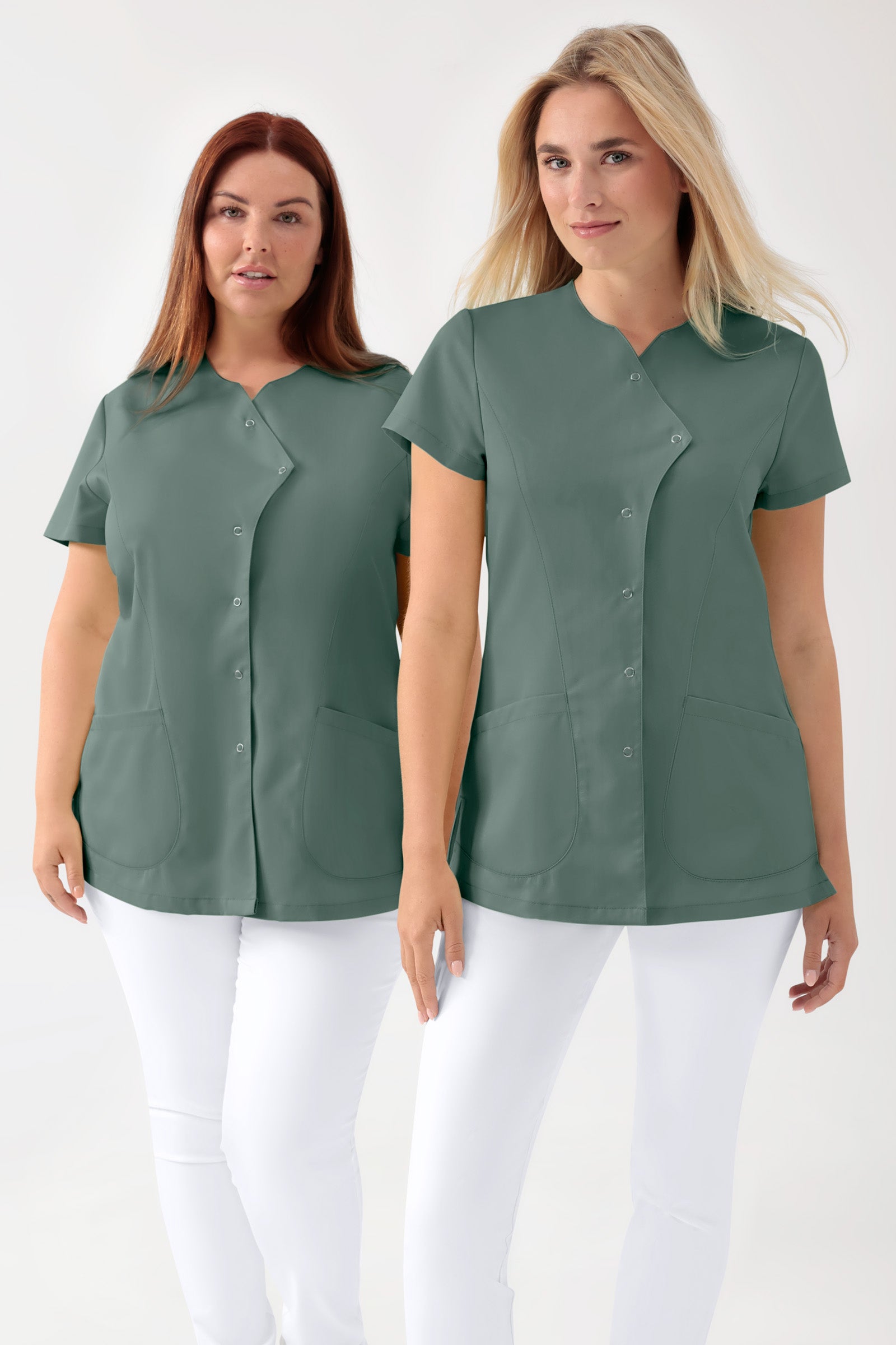 GREEN Stretch Kasack Damen - asymmetrische Druckknopfleiste dunkelgrün, Vue de face