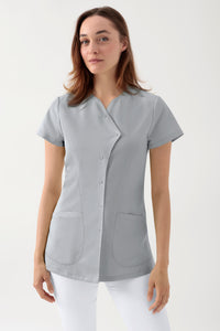 GREEN Stretch Kasack Damen - asymmetrische Druckknopfleiste perlgrau