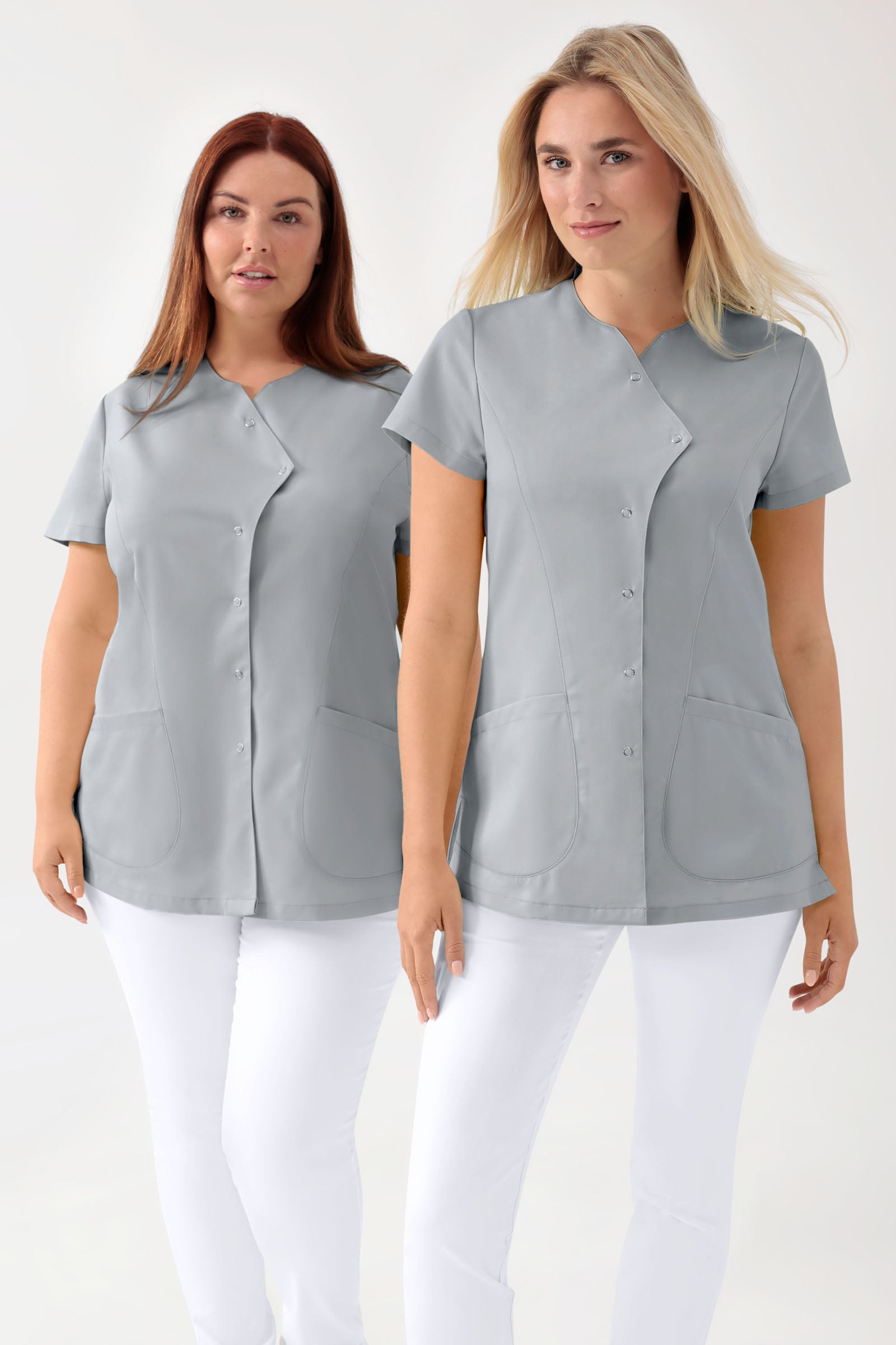 GREEN Stretch Kasack Damen - asymmetrische Druckknopfleiste perlgrau, Vue de face