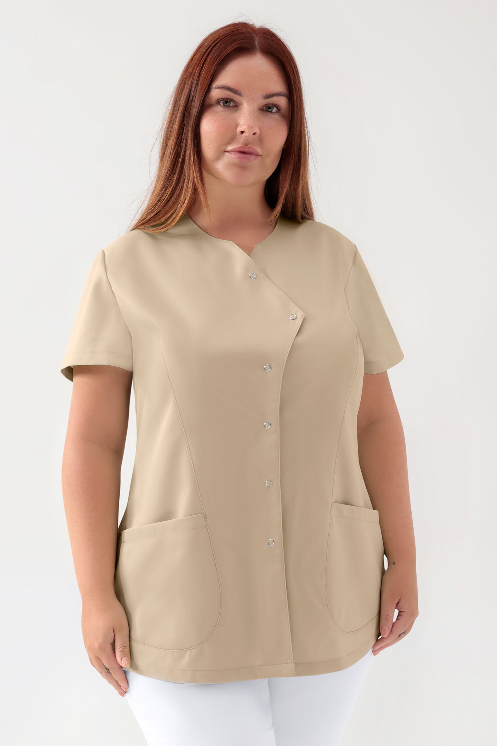 GREEN Stretch Kasack Damen - asymmetrische Druckknopfleiste sand