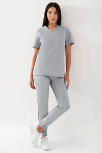 GREEN Stretch Schlupfkasack Damen - V-Ausschnitt perlgrau