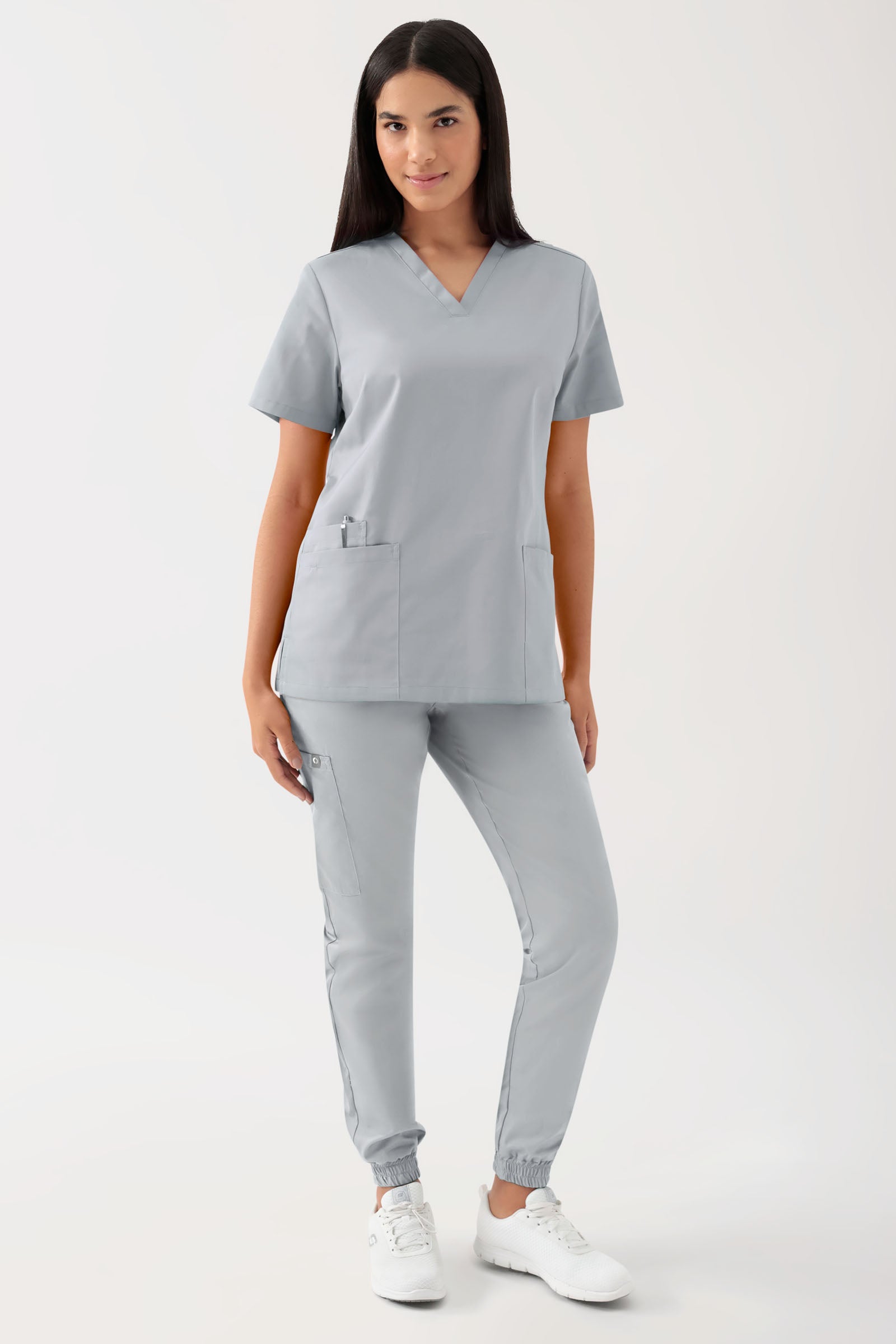 GREEN Stretch Schlupfkasack Damen - V-Ausschnitt perlgrau