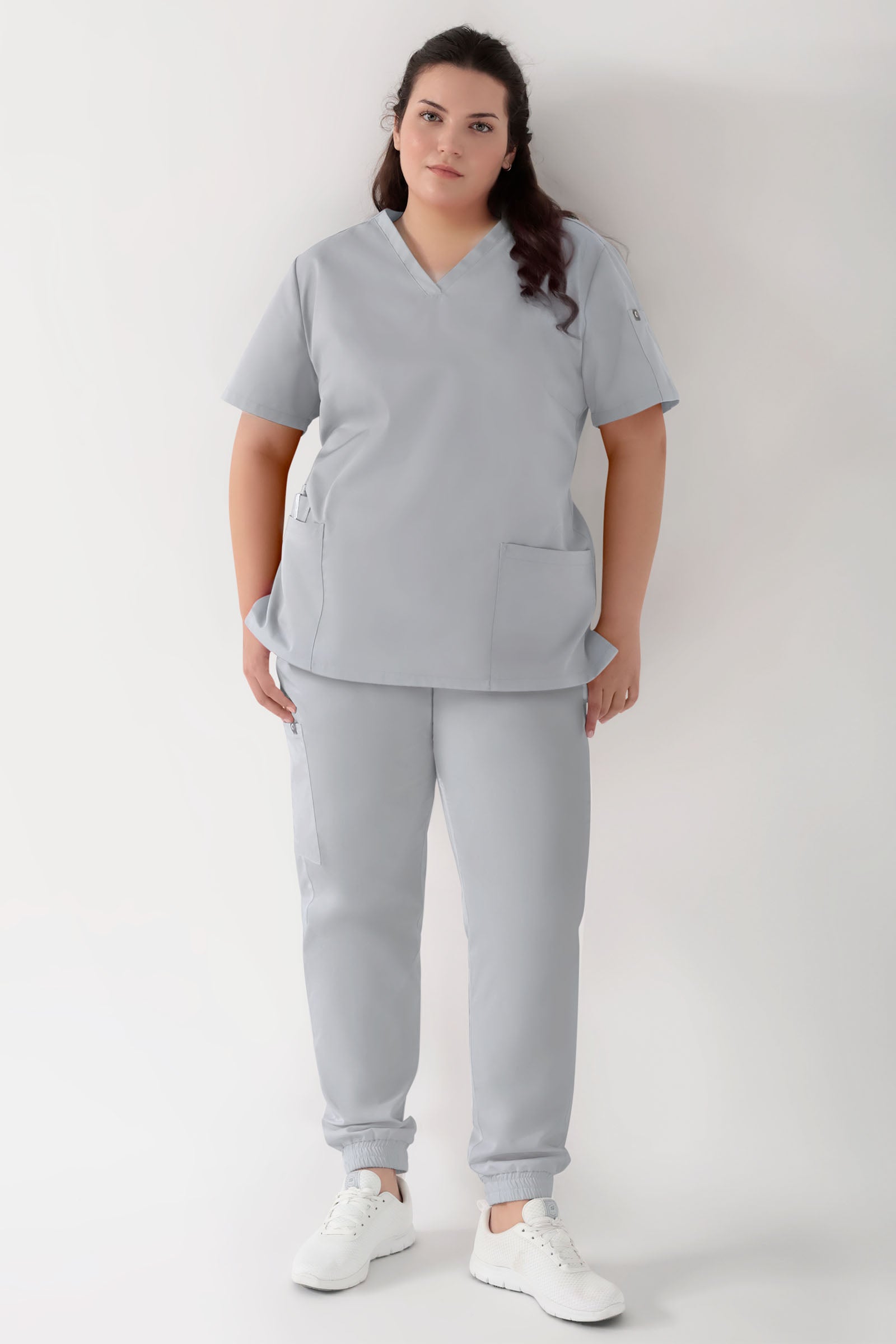 GREEN Stretch Schlupfkasack Damen - V-Ausschnitt perlgrau, Vue de face