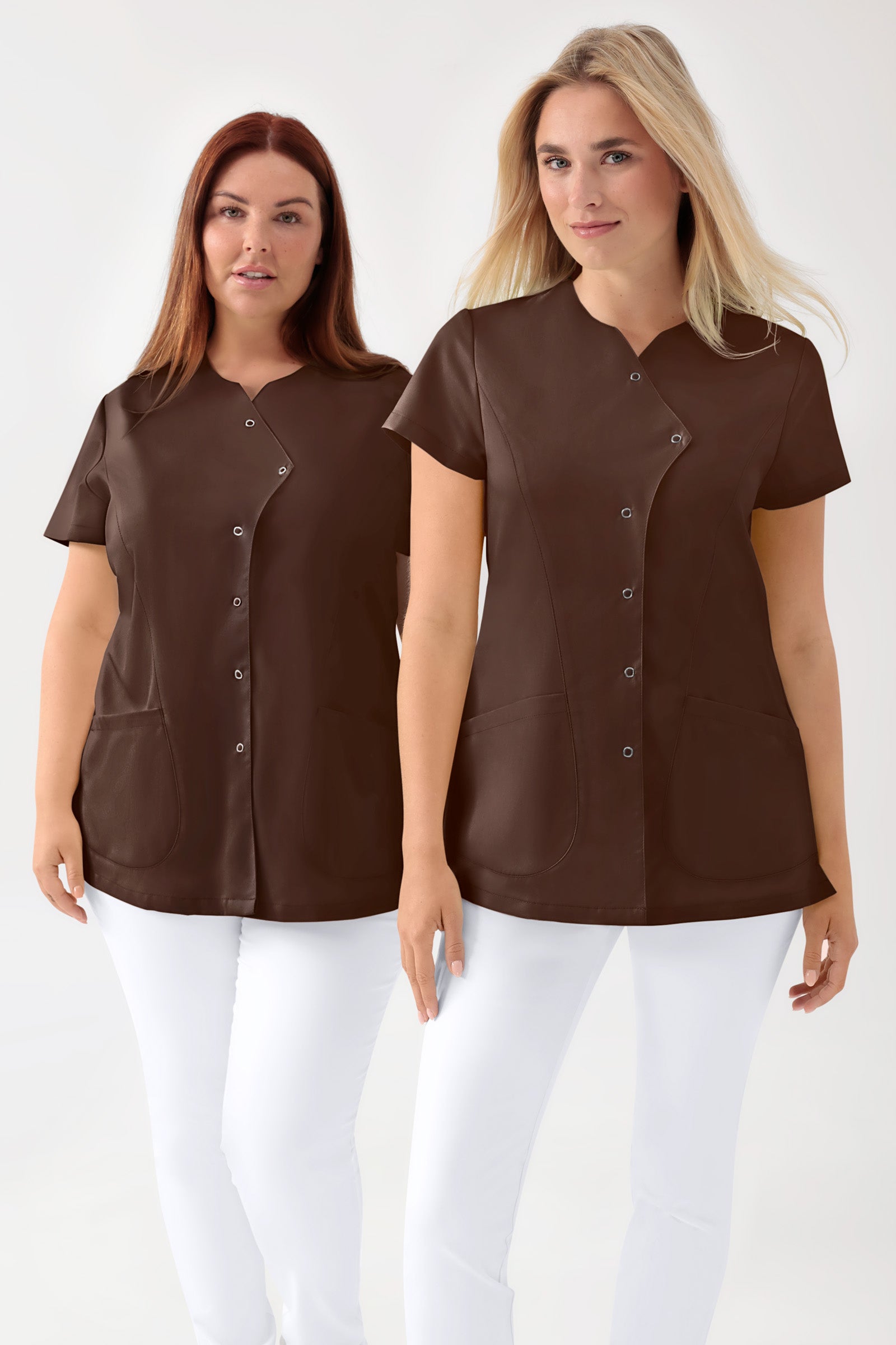 GREEN Stretch Kasack Damen - asymmetrische Druckknopfleiste coffee, Vorderansicht