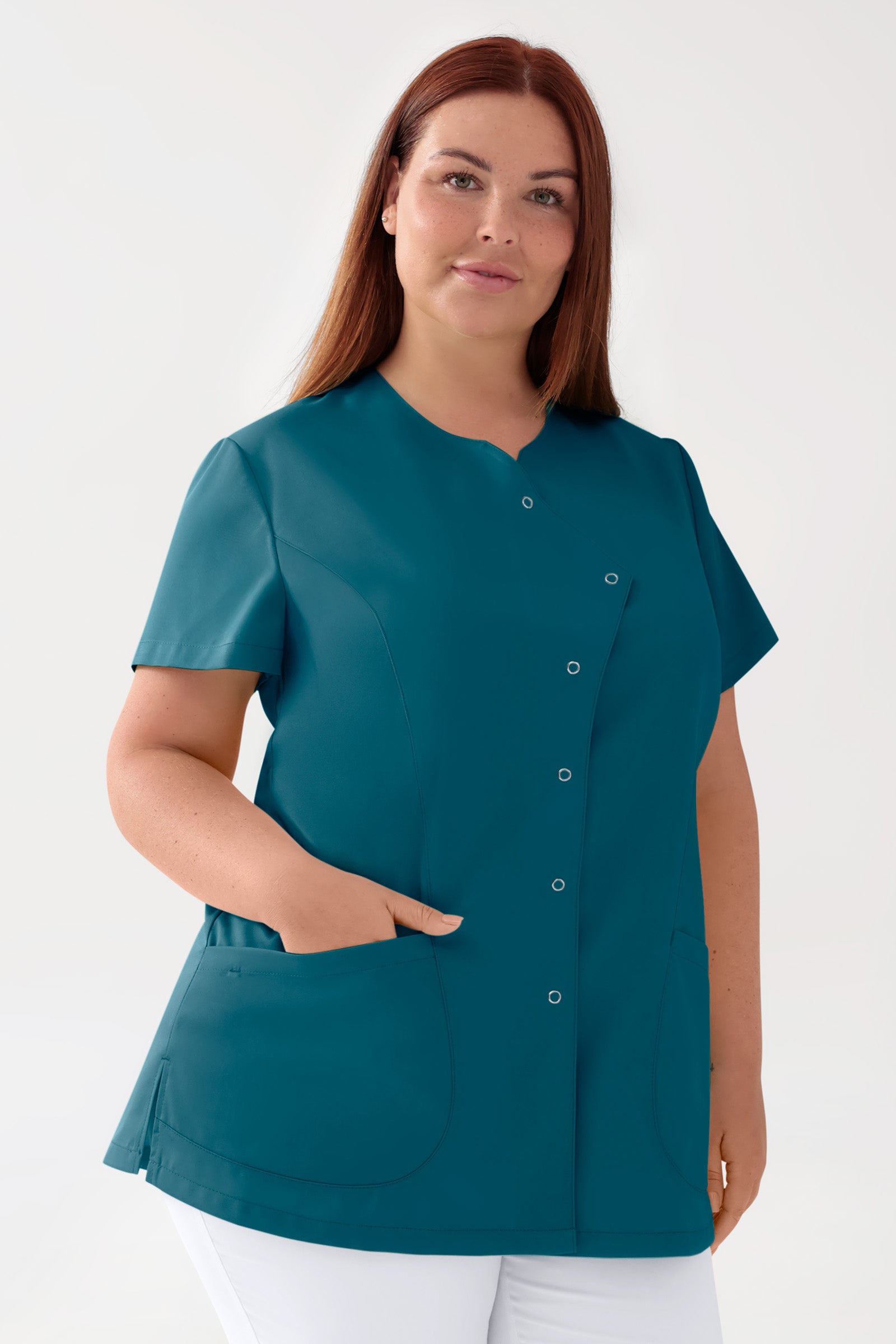 GREEN Stretch Kasack Damen - asymmetrische Druckknopfleiste petrol