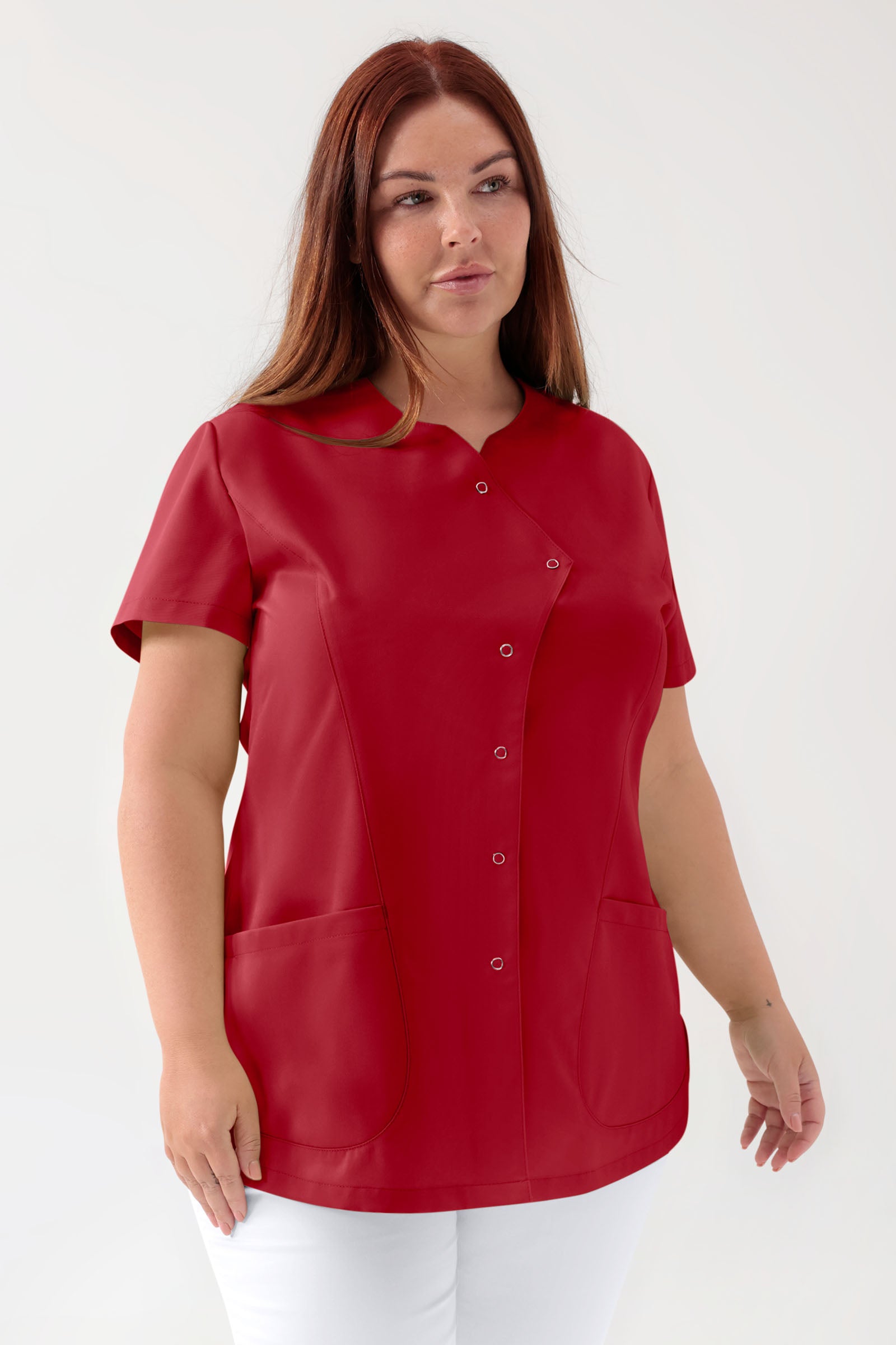 GREEN Stretch Kasack Damen - asymmetrische Druckknopfleiste rot