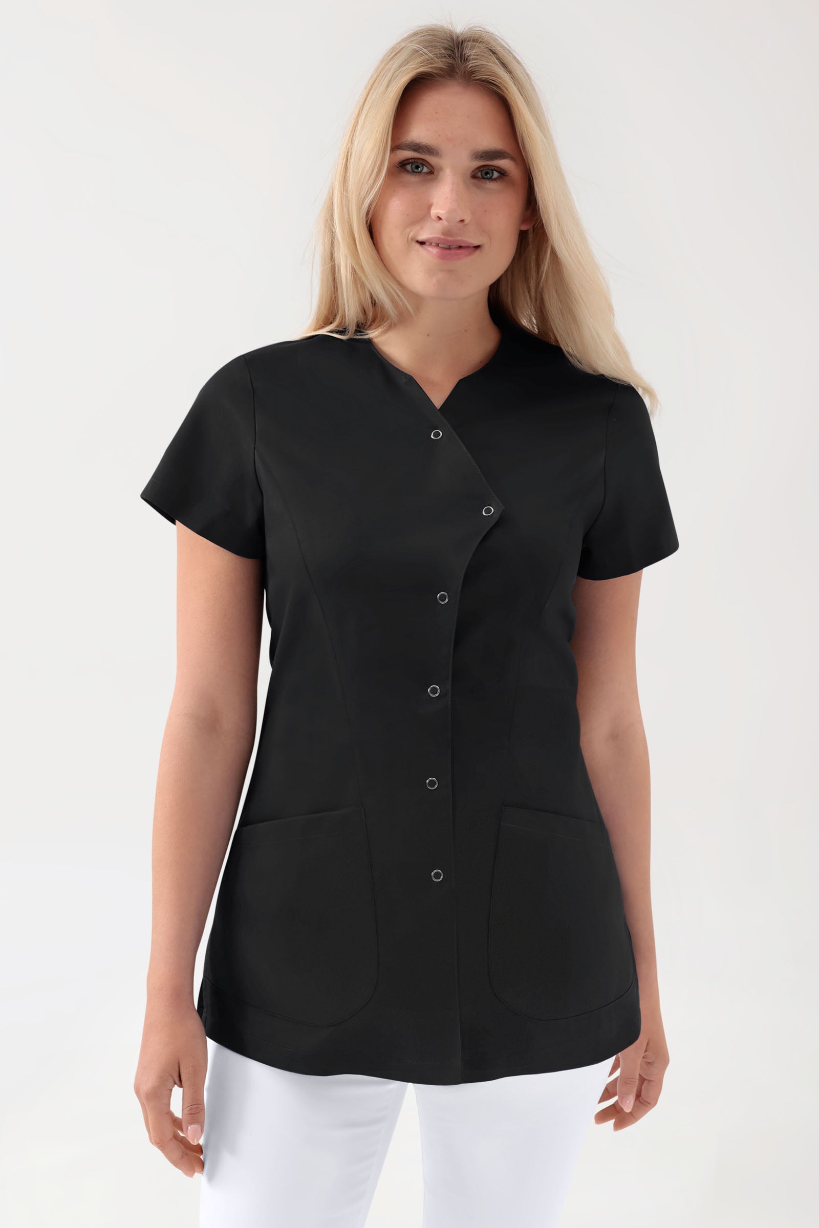 GREEN Stretch Kasack Damen - asymmetrische Druckknopfleiste schwarz