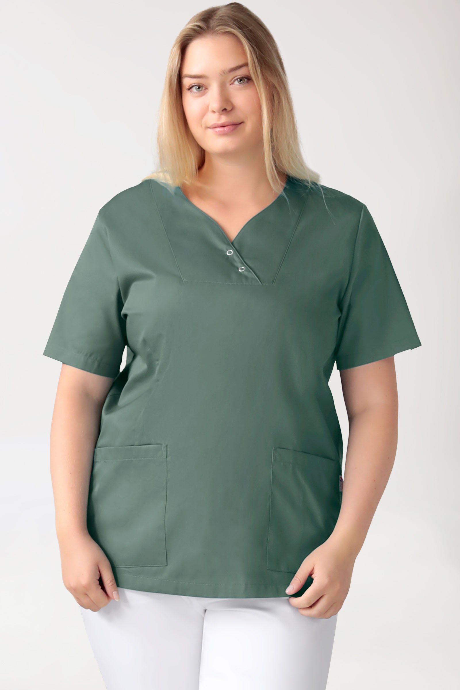 CORE Schlupfkasack Damen curved fit - mit Druckknöpfen dunkelgrün, Vue de face