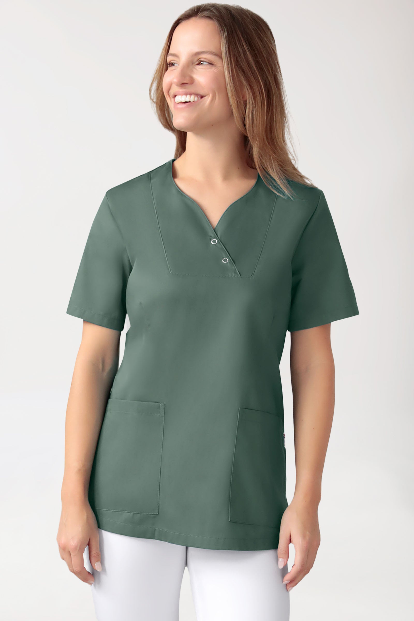 CORE Schlupfkasack Damen curved fit - mit Druckknöpfen dunkelgrün, Vue de face