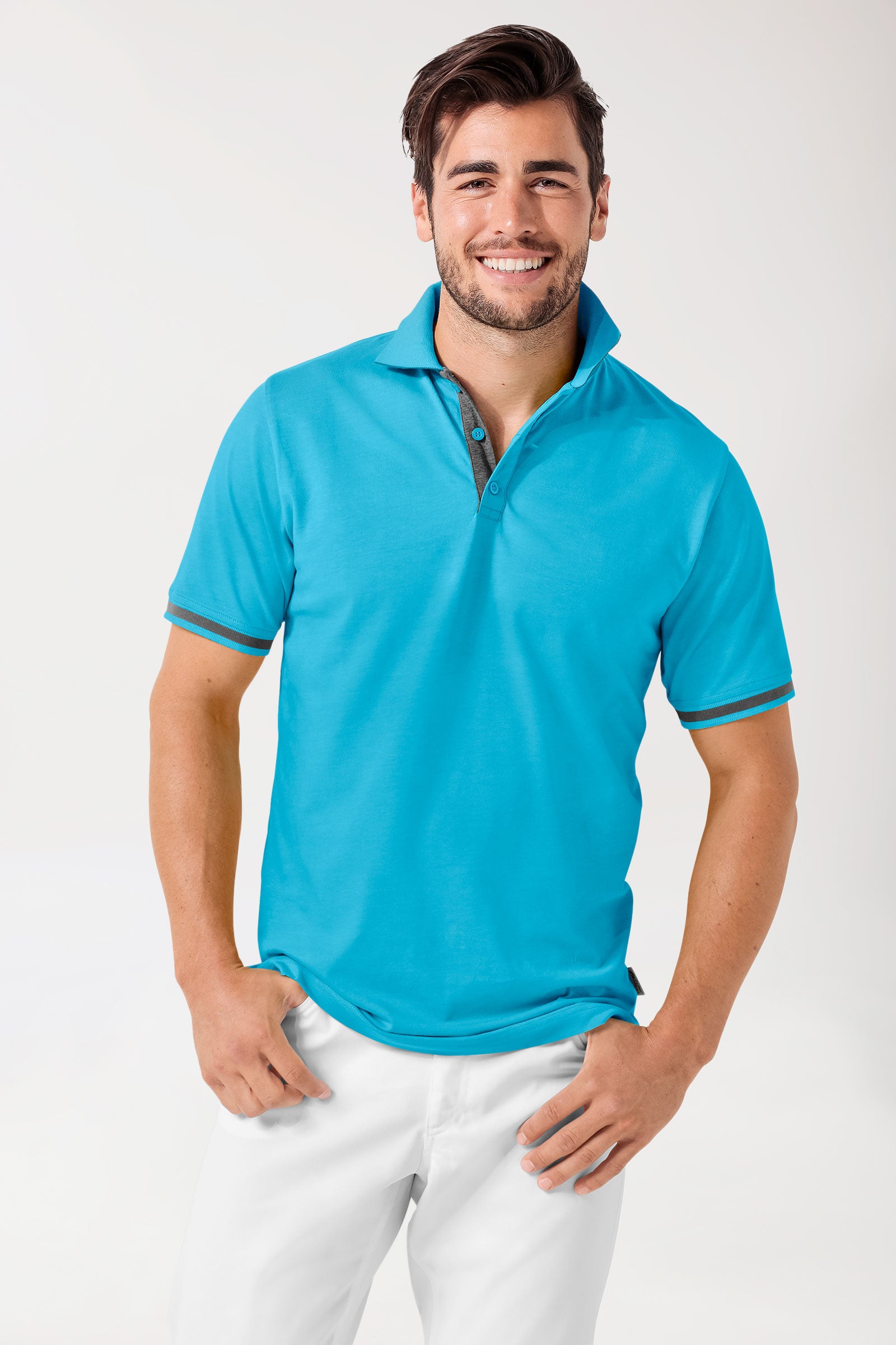 Stretch Shirt Herren - Polokragen türkis/dunkelgrau melange