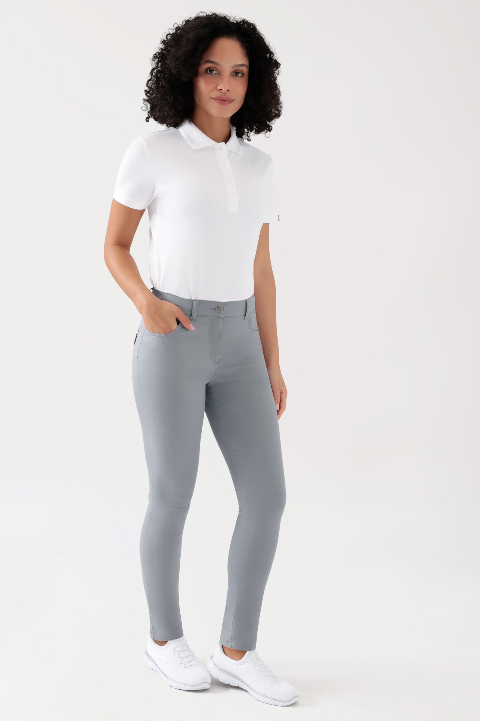 COMFY FLEX 5-Pocket Hose Damen - schlankes Bein grau, Vorderansicht Das Model ist 176 cm groß und trägt Grösse 36