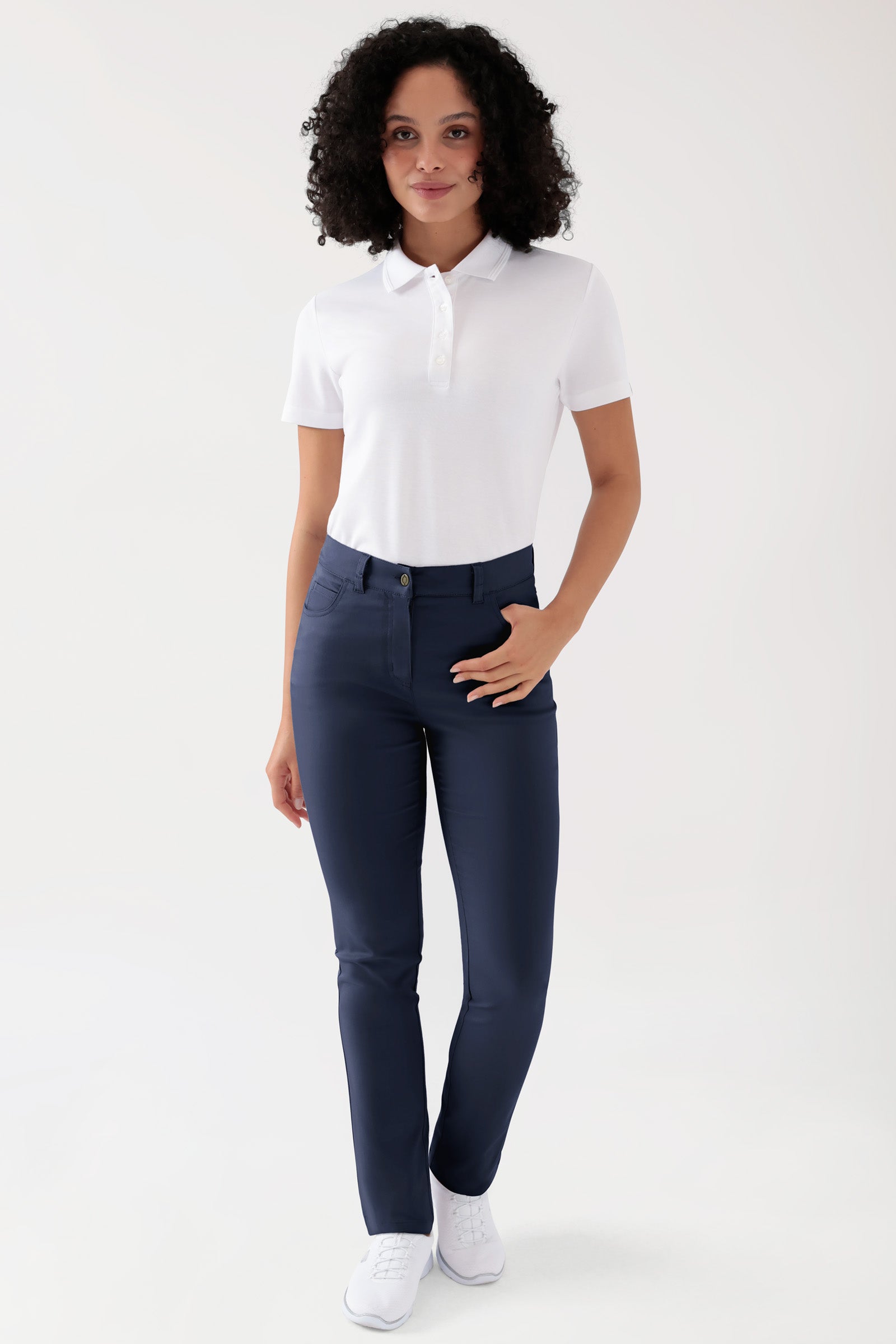 COMFY FLEX 5-Pocket Hose Damen - gerades Bein navy, Vorderansicht Das Model ist 176 cm groß und trägt Grösse 36