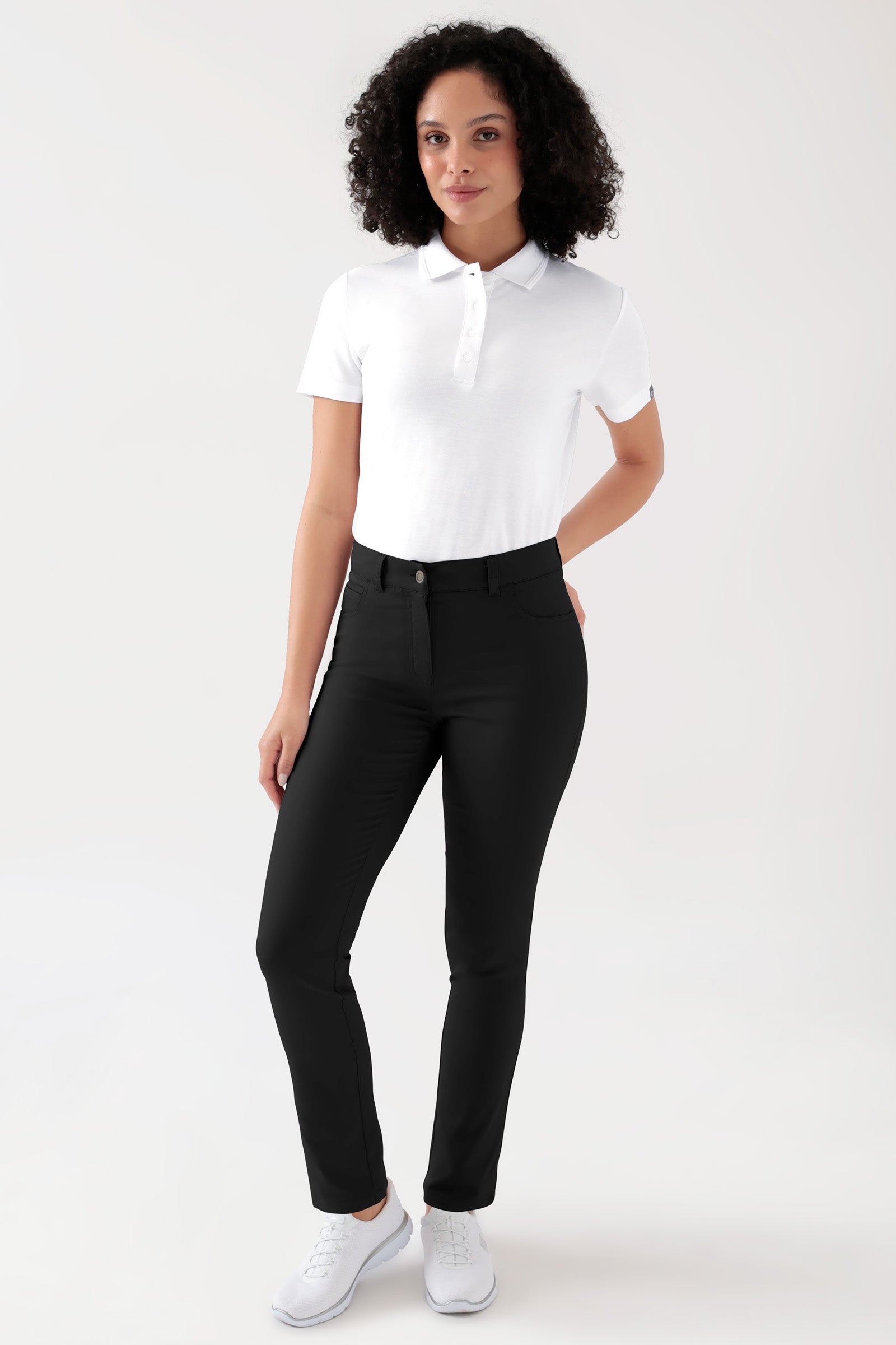 COMFY FLEX 5-Pocket Hose Damen - gerades Bein schwarz, Vorderansicht Das Model ist 176 cm groß und trägt Grösse 36