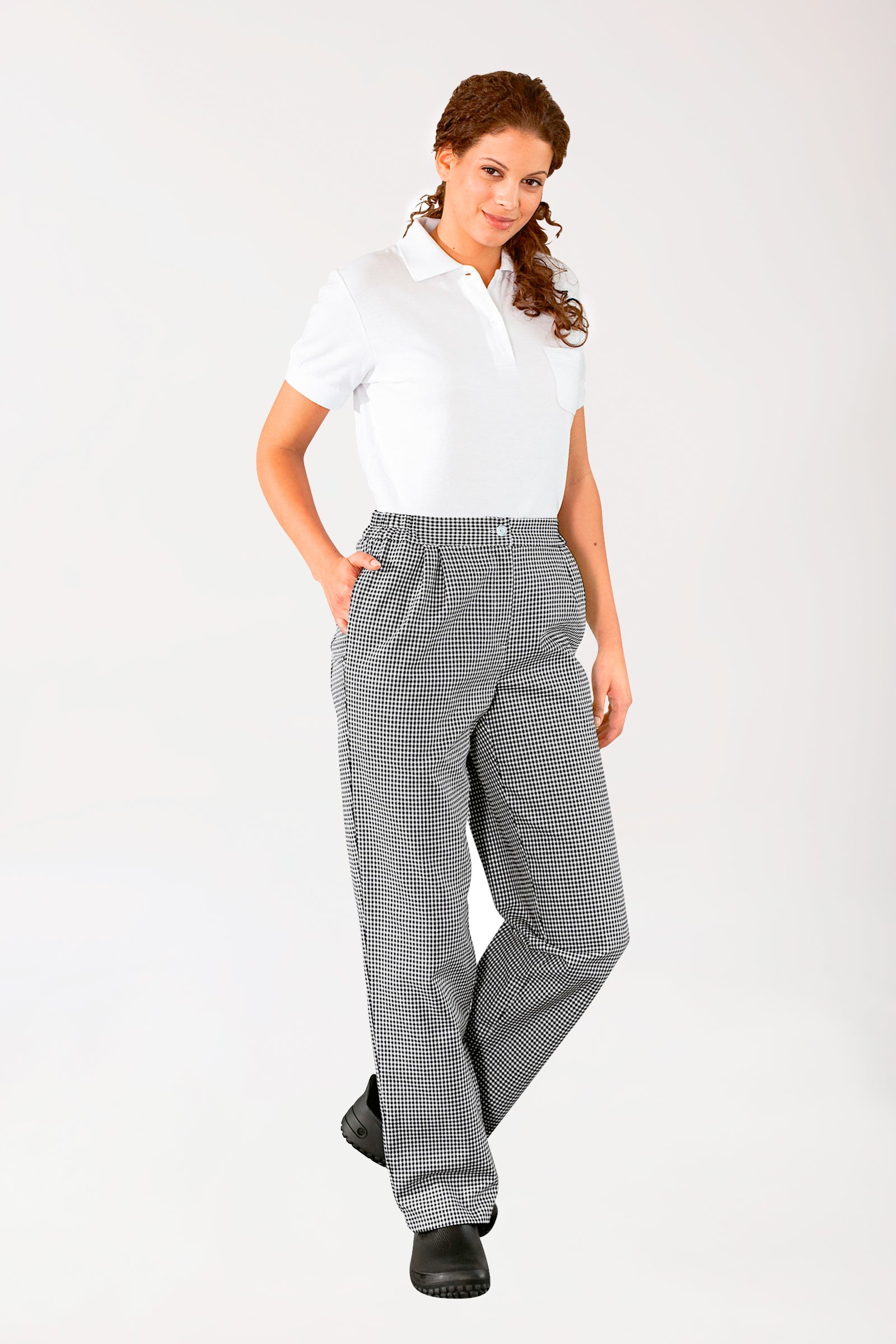Gastro Hosen Damen - Bundfalten schwarz/weiss, Vorderansicht