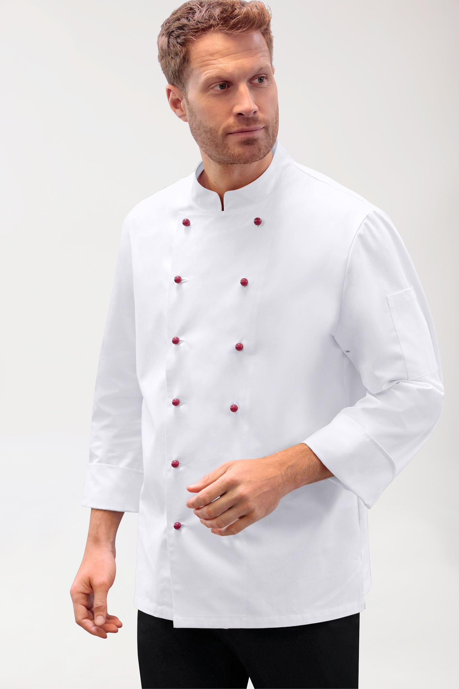 Gastro Kochjacke Herren - 6er Knopfreihe - 1/1 Arm weiss, Vorderansicht
