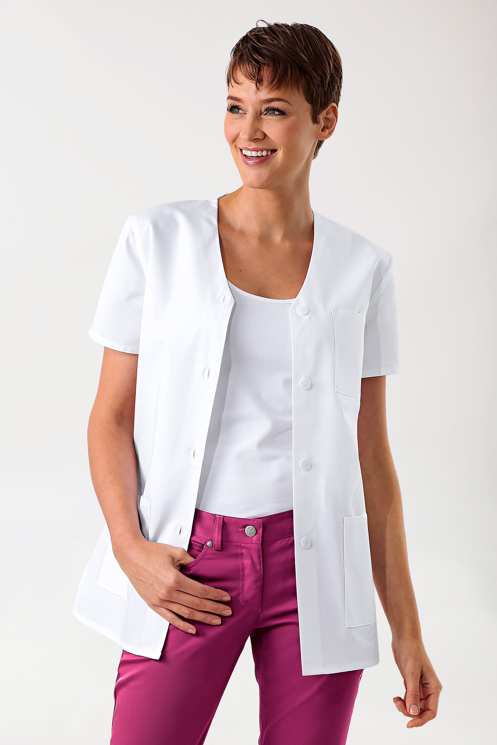 Beauty Kasack Damen - durchgeknöpft weiss