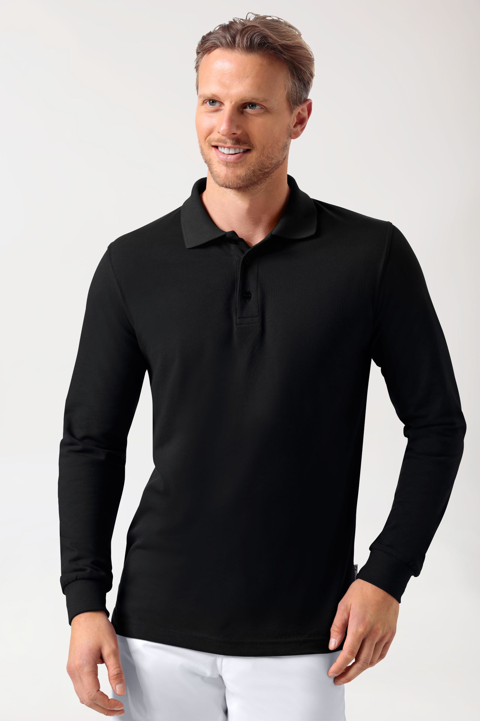 Langarm-Poloshirt Schwarz Unisex, Vorderansicht