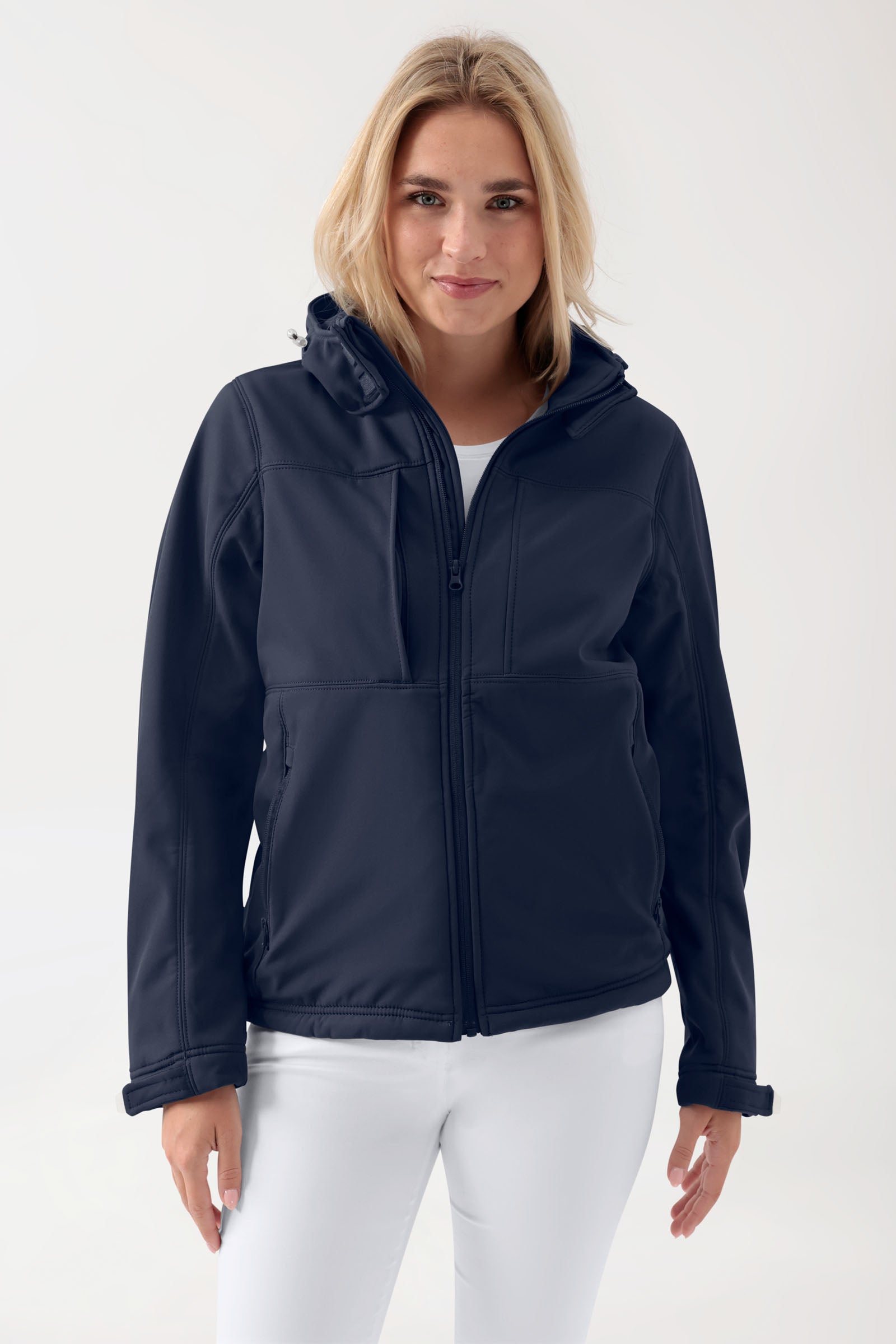 Softshell Jacken Unisex - abnehmbare Kapuze navy, Vorderansicht