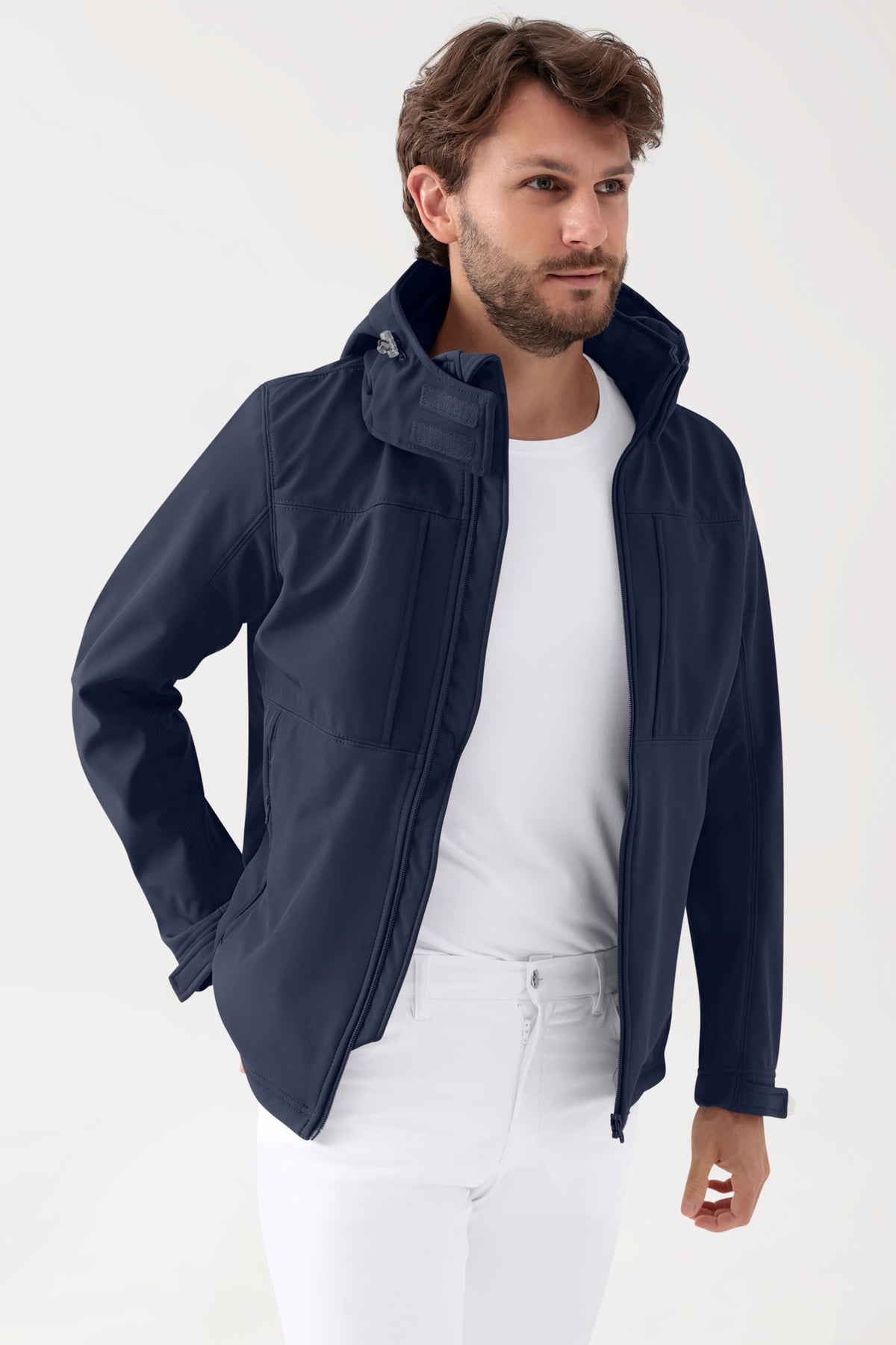 Softshell Jacken Unisex - abnehmbare Kapuze navy, Vorderansicht