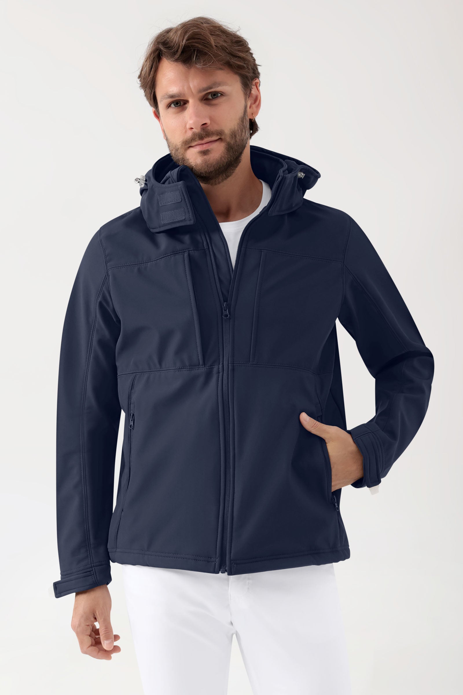 Softshell Jacken Unisex - abnehmbare Kapuze navy, Vorderansicht