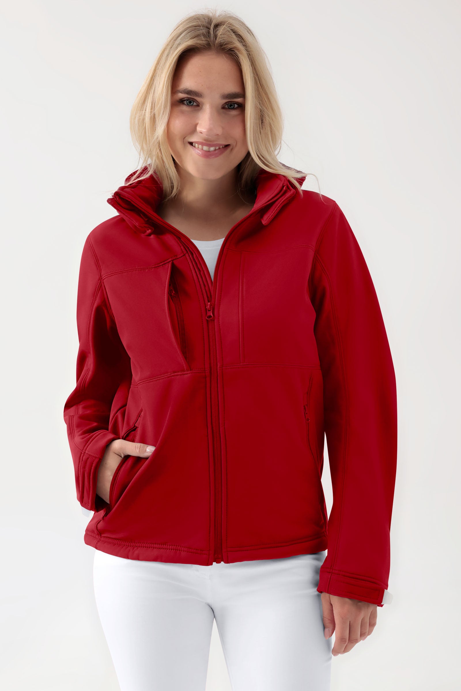 Softshell Jacke Unisex - abnehmbare Kapuze rot, Vorderansicht