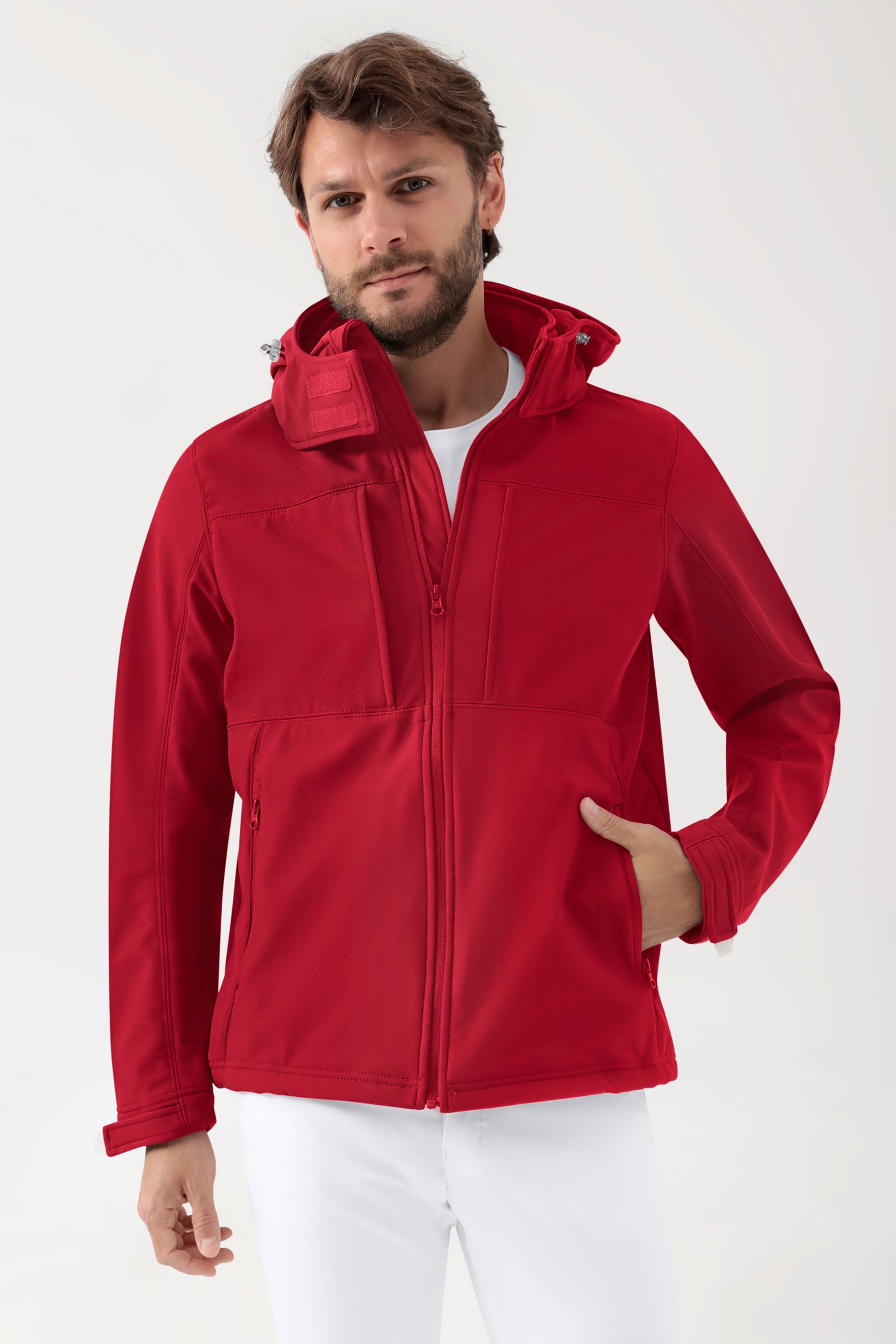 Softshell Jacke Unisex - abnehmbare Kapuze rot, Vue de face