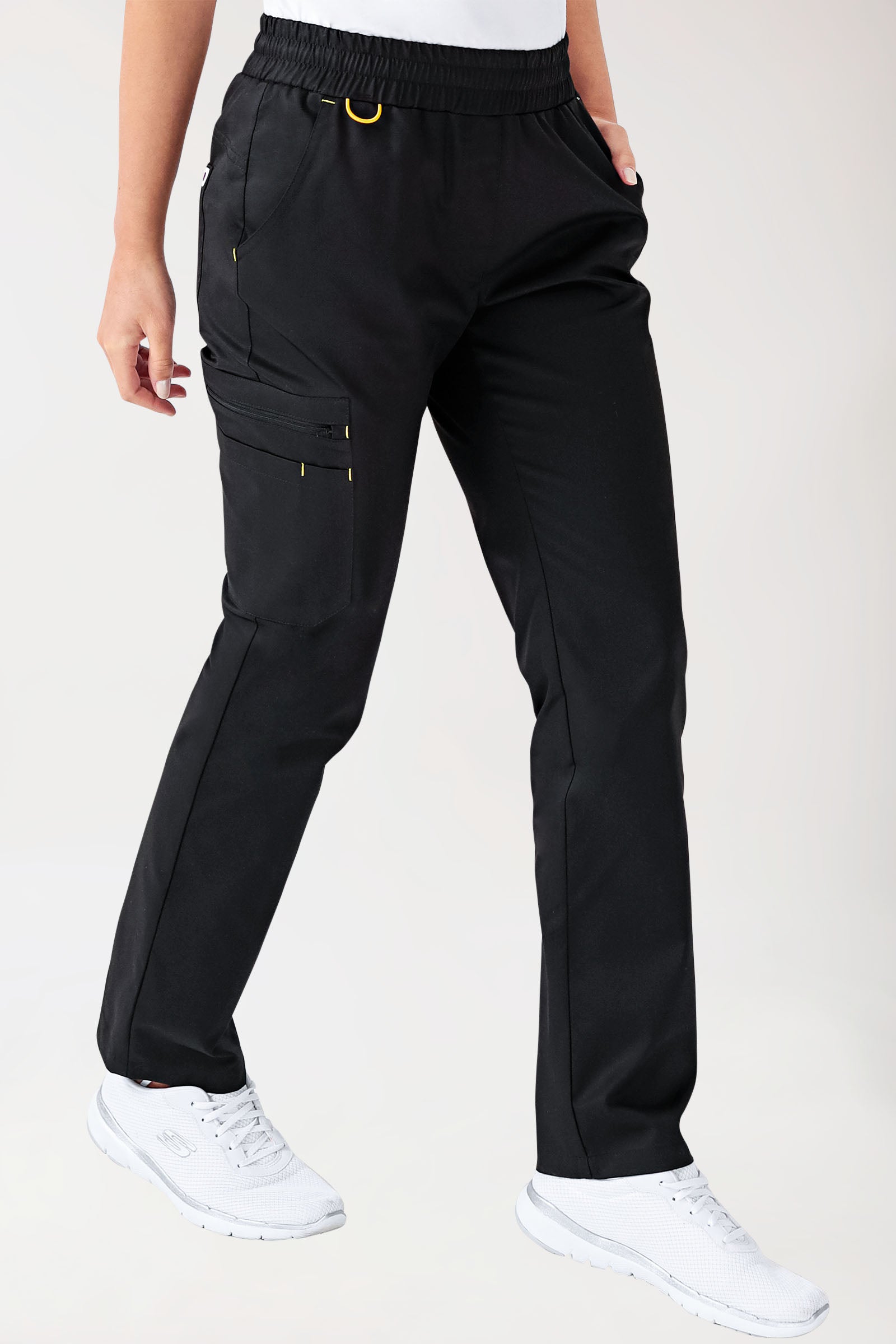 CLINIC STRETCH Hose Damen - gerader Saum schwarz/gelb, Vorderansicht