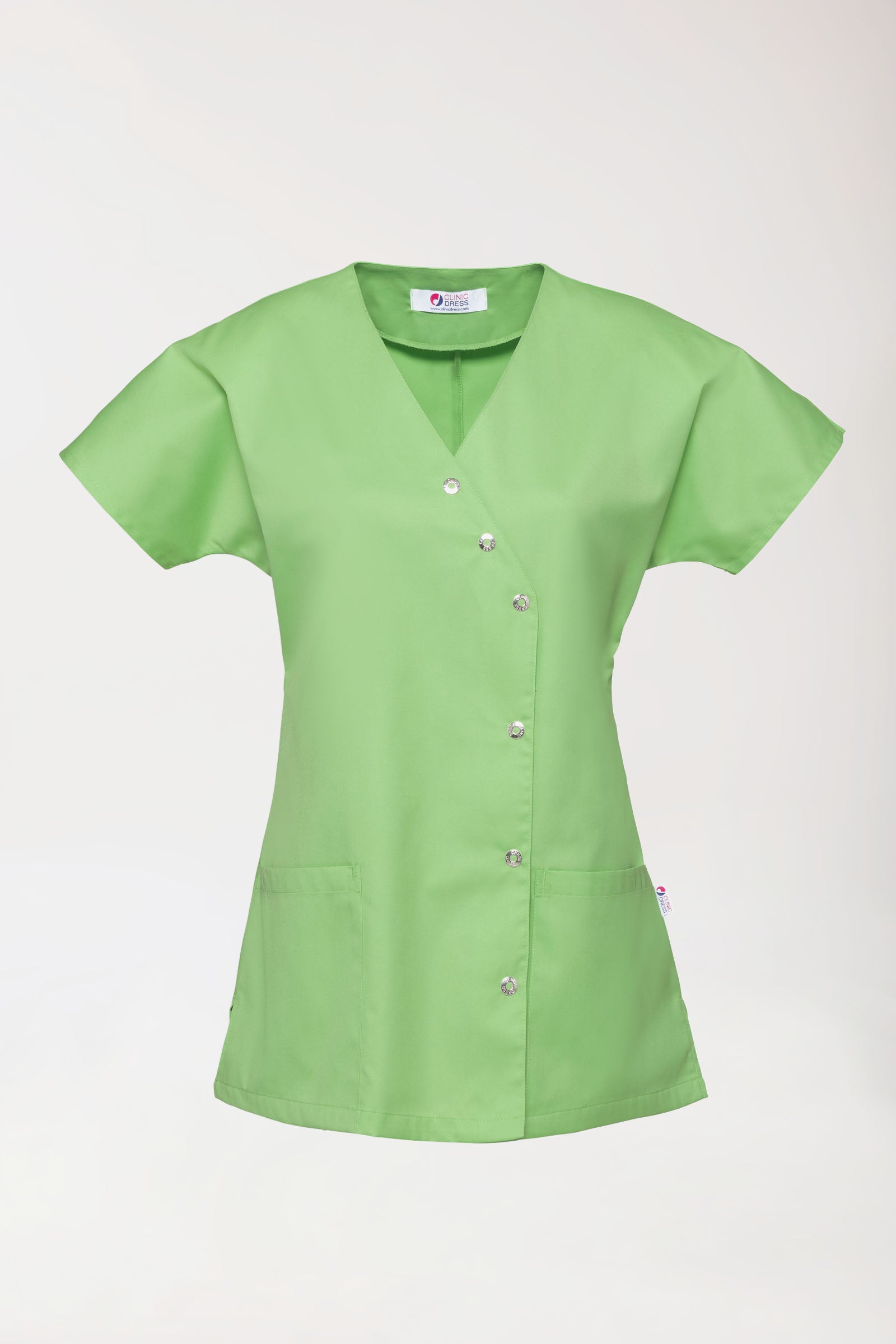 Beauty Kasack Damen - asymmetrische Druckknopfleiste apfelgrün, Vorderansicht