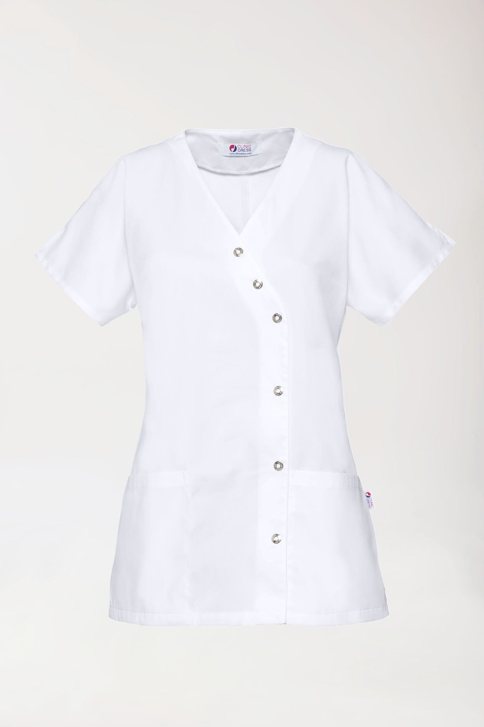 Beauty Kasack Damen - asymmetrische Druckknopfleiste weiss