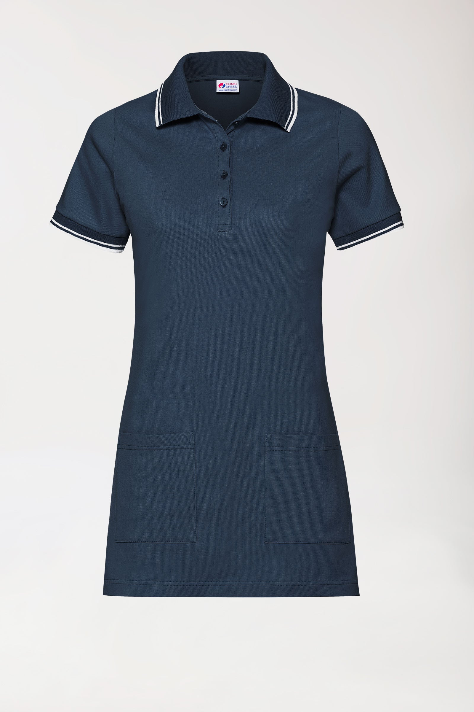 Piqué Longshirt Damen - Polokragen navy/weiss, Vorderansicht