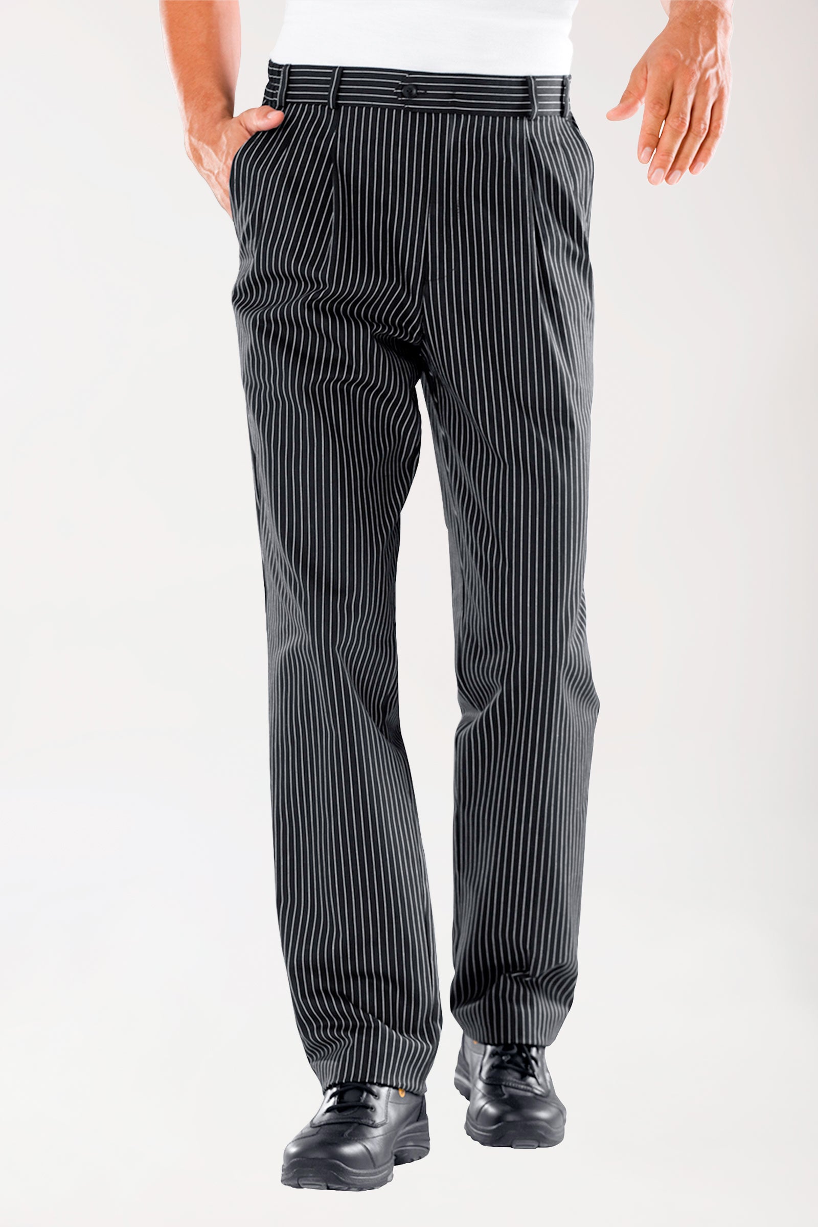 Gastro Hose Herren - Bundfalten - Nadelstreifen schwarz/weiss, Vorderansicht