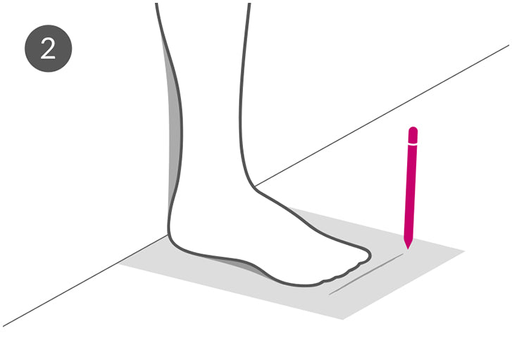 Fuss Silhouette mit Nummerierung für das richtige Messen. Längste Stelle auf Papier einzeichnen.