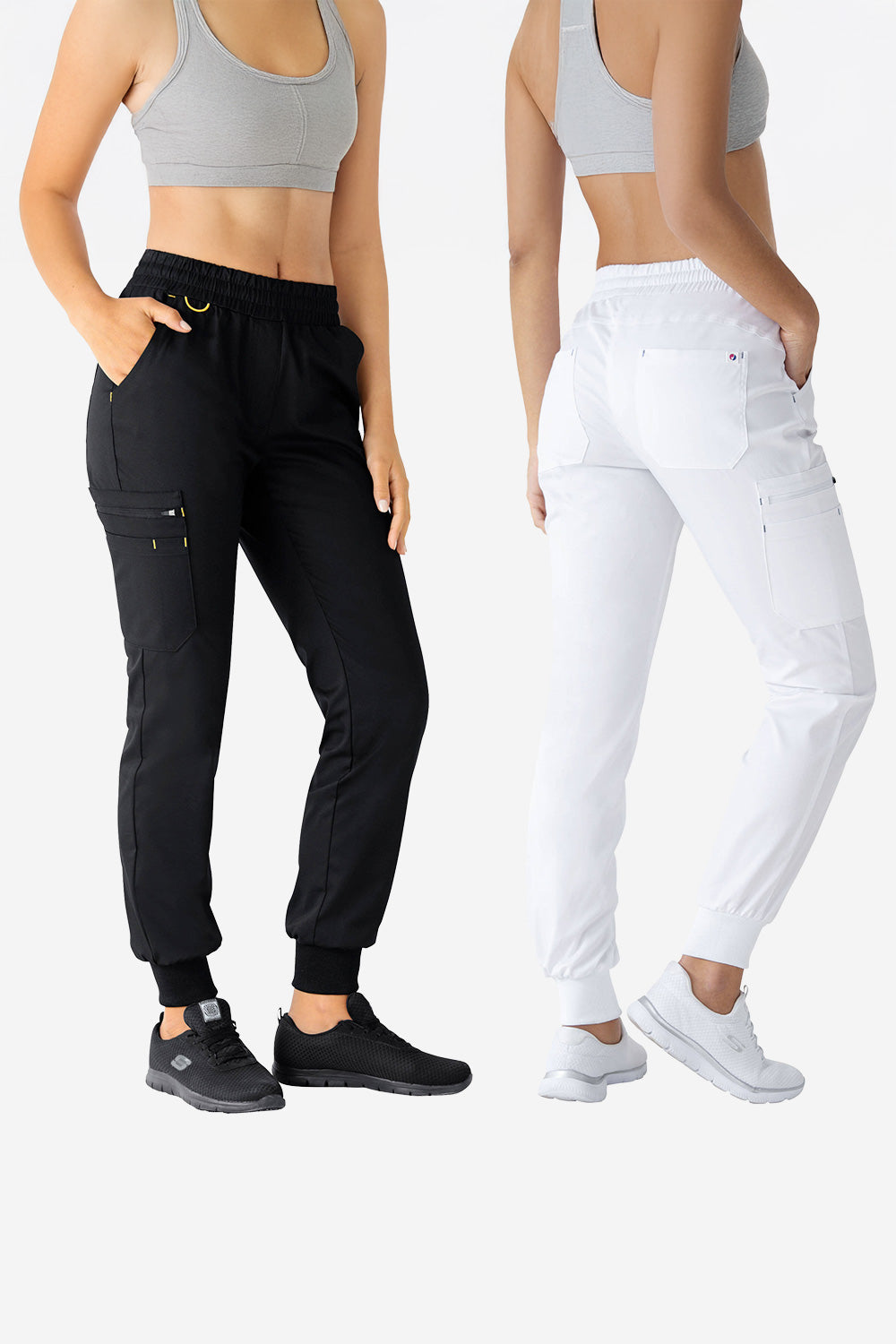 2 Damen-Models jeweils in schwarzer und weisser Jogpants von CLINIC STRETCH.