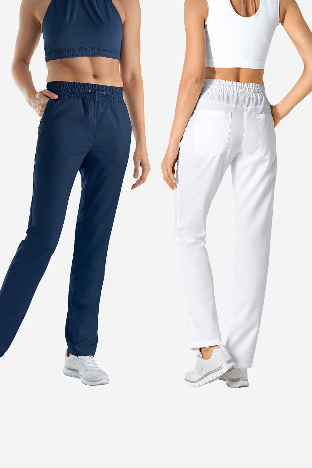 2 Damen-Models in jeweils weisser und dunkel blauer Unisex Hose von GREEN.