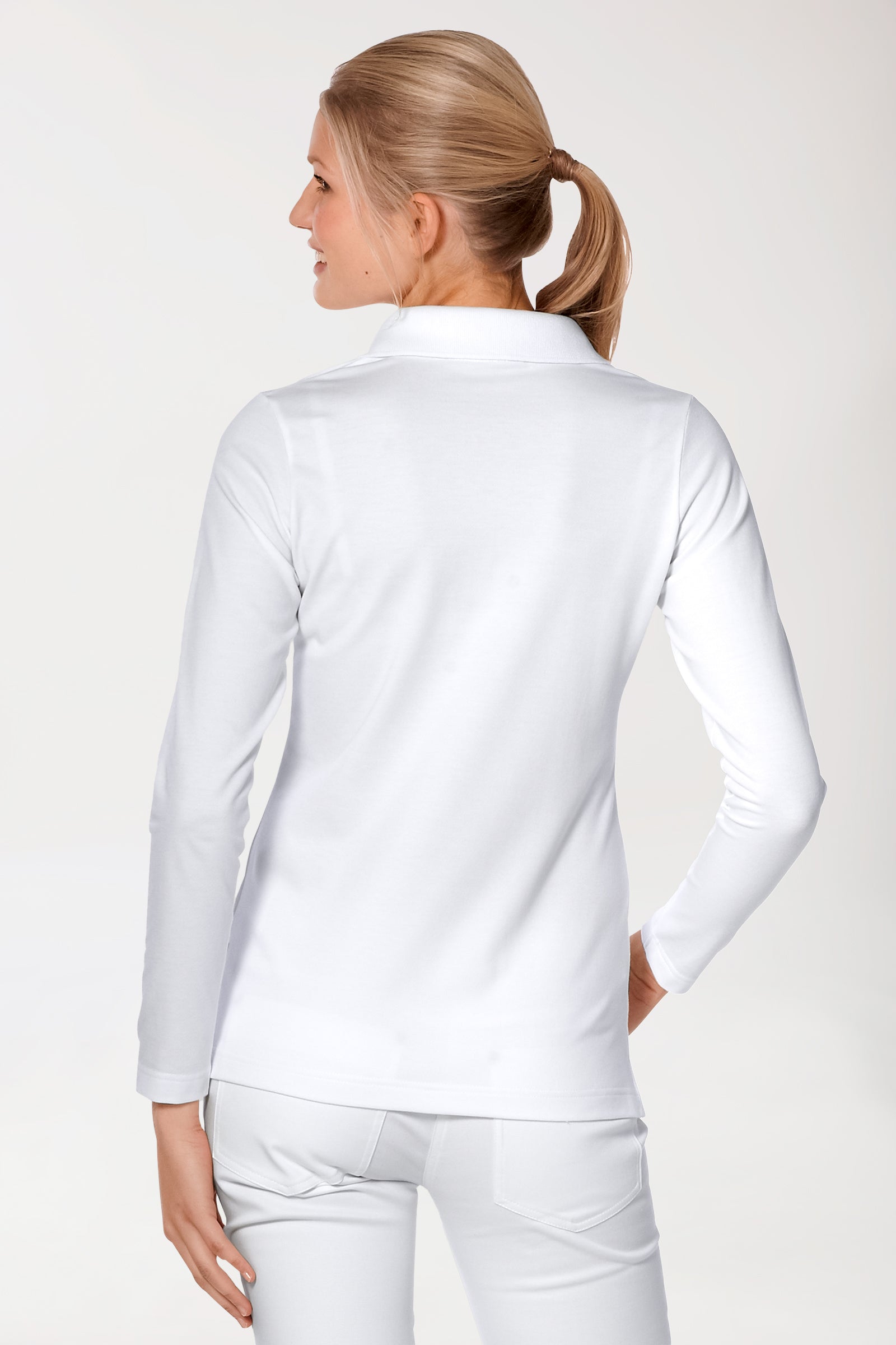 Stretch Shirt Damen - 1/1 Arm mit Polokragen weiss, Vue de dos 