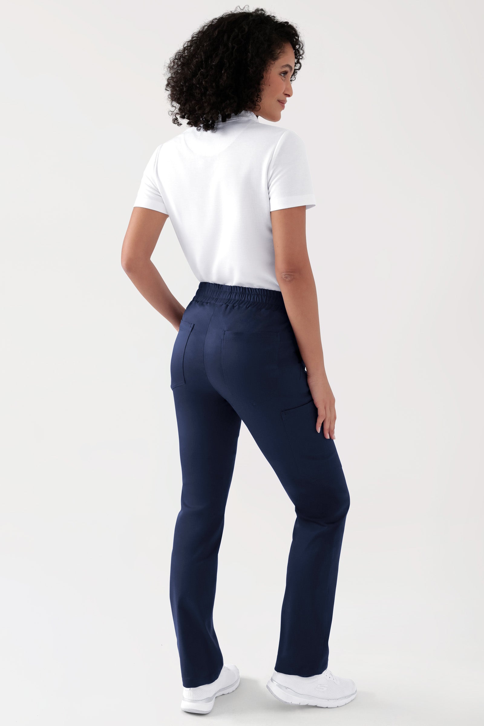 COMFY FLEX Stretch Hose Unisex - 1/1 Länge navy, Rückansicht Das Model ist 176 cm groß und trägt Grösse S