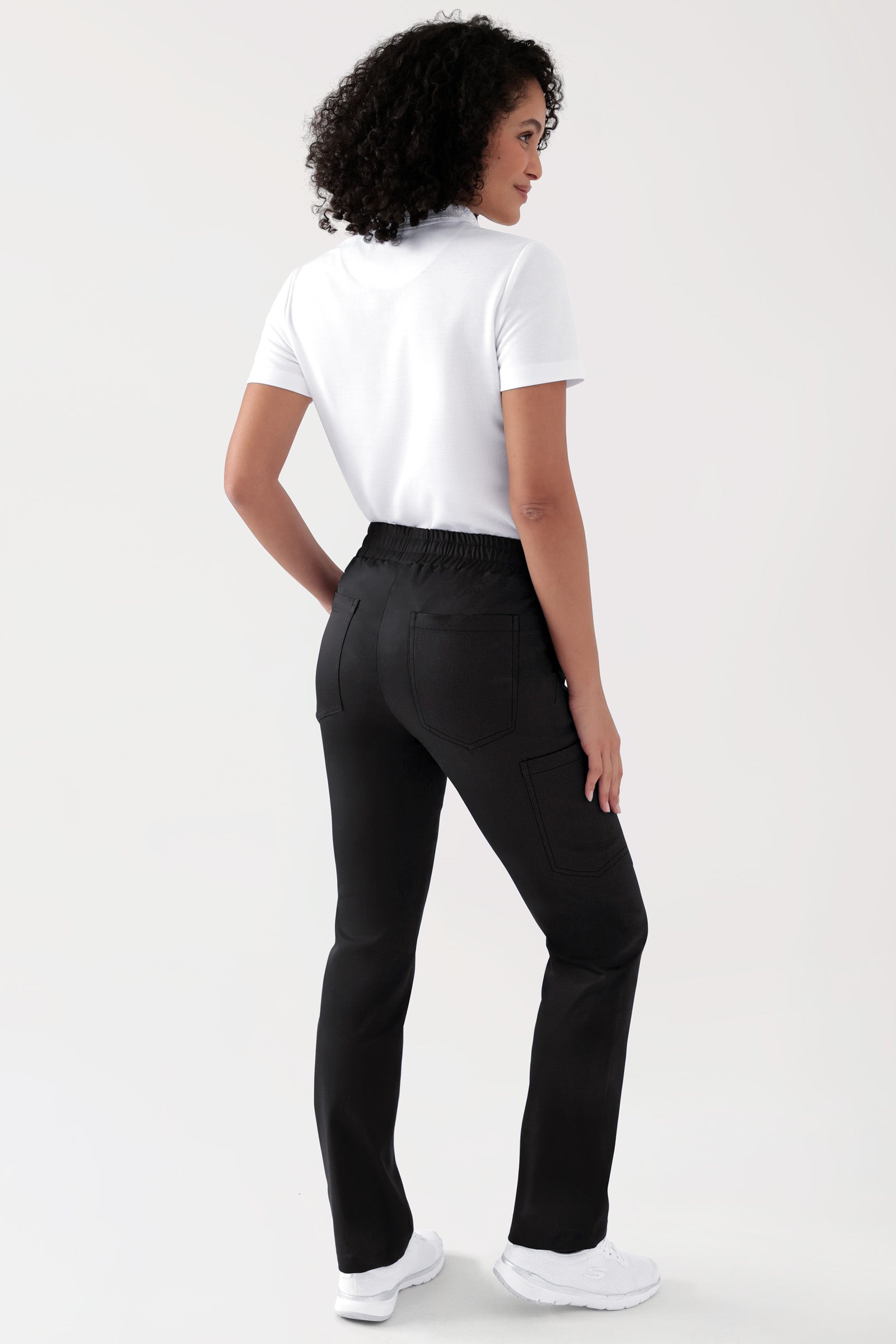 COMFY FLEX Stretch Hose Unisex - 1/1 Länge schwarz, Rückansicht Das Model ist 176 cm groß und trägt Grösse S