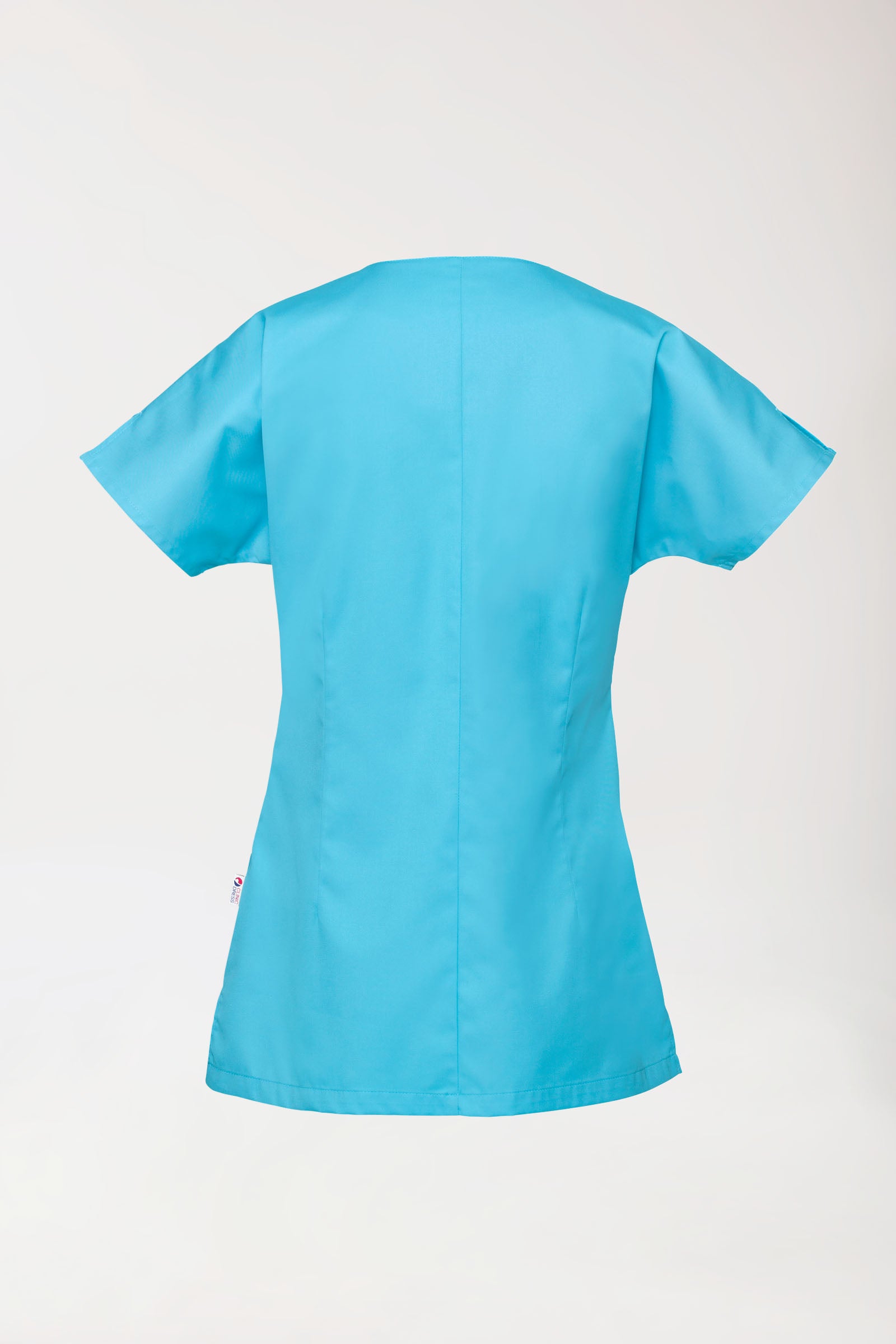 Beauty Kasack Damen - asymmetrische Druckknopfleiste türkis, Rückansicht 