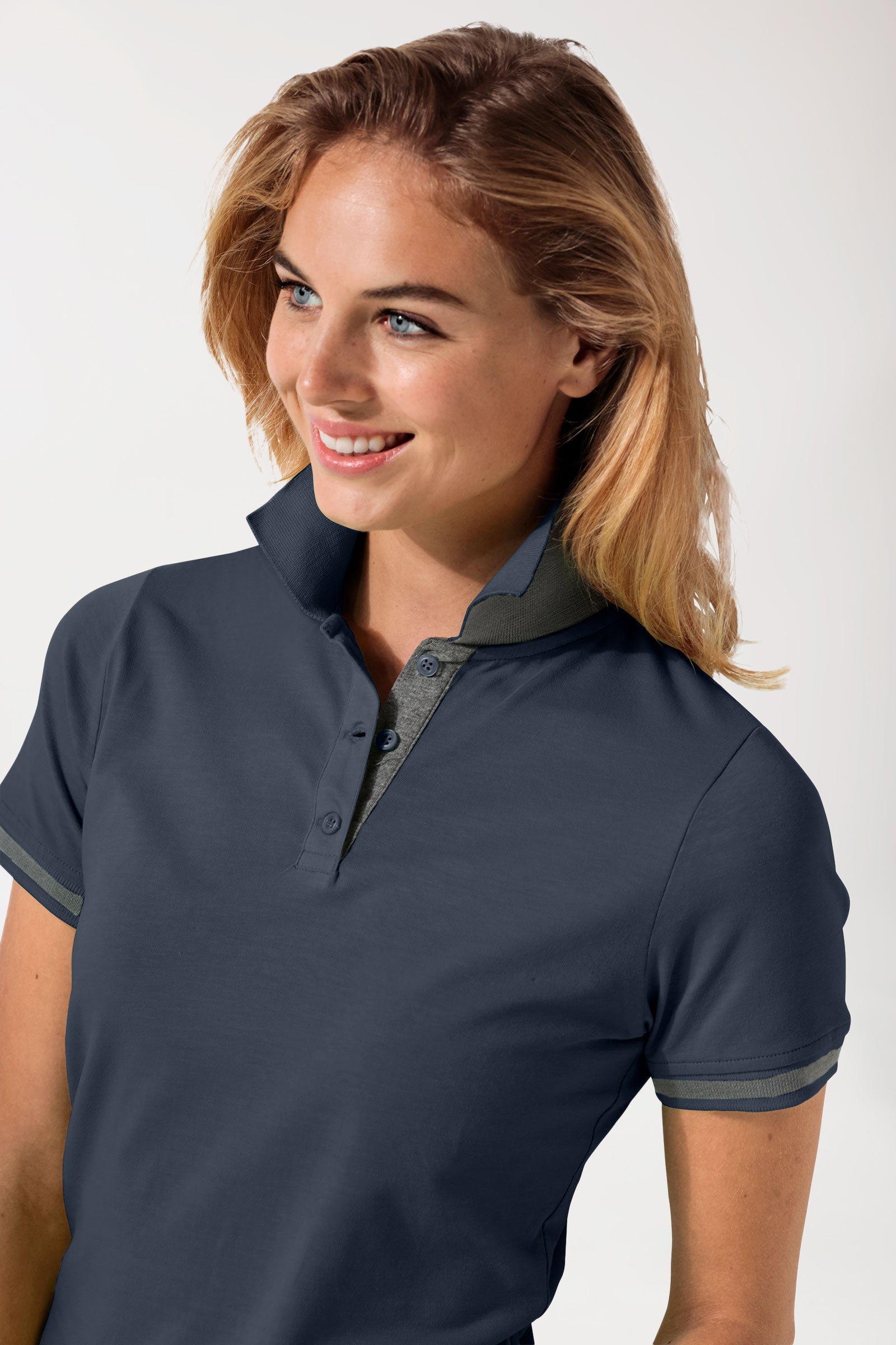 Stretch Shirt Damen - Polokragen navy/dunkelgrau melange