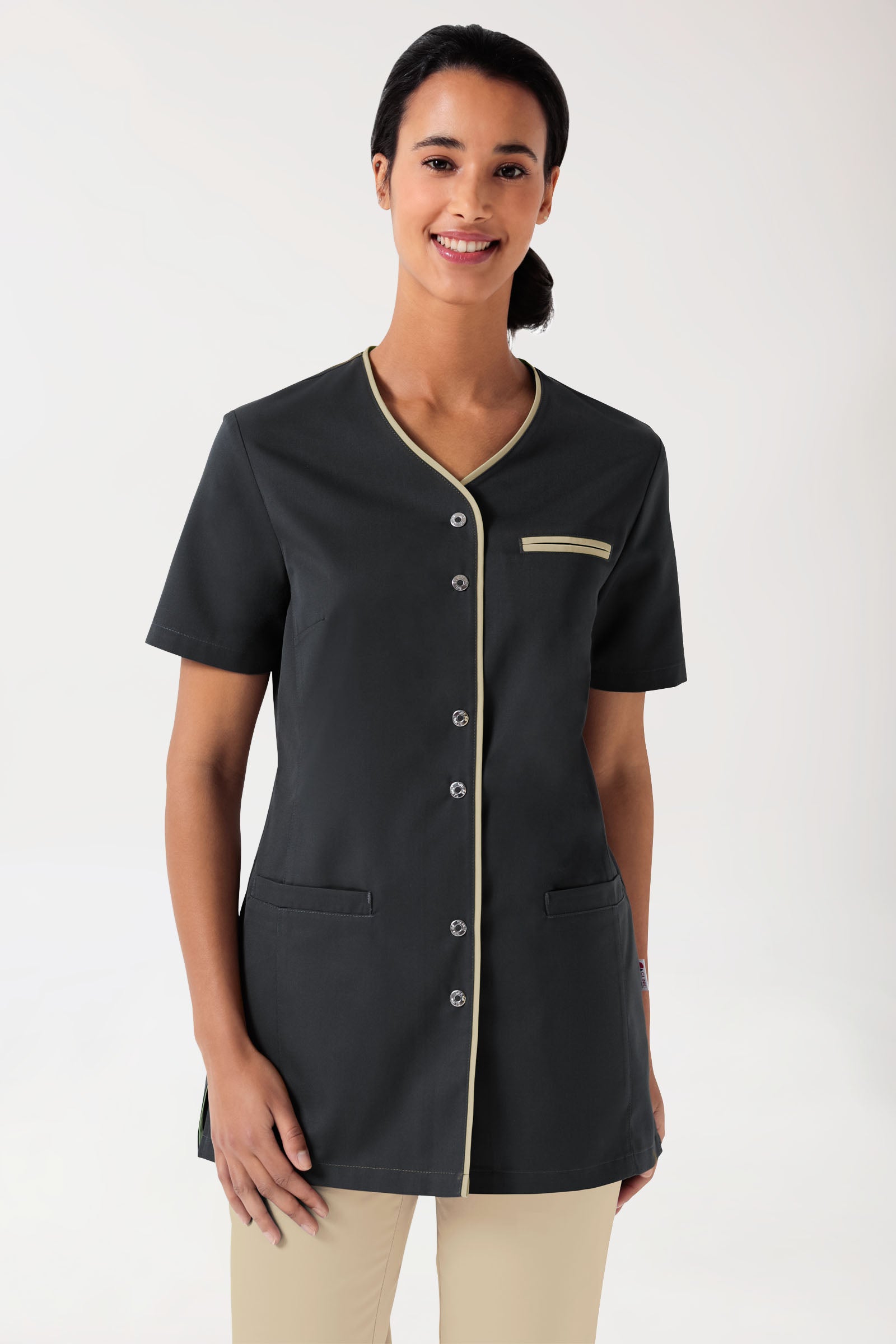 Beauty Kasack Damen - durchgeknöpft anthrazit/bisquit, Vorderansicht 