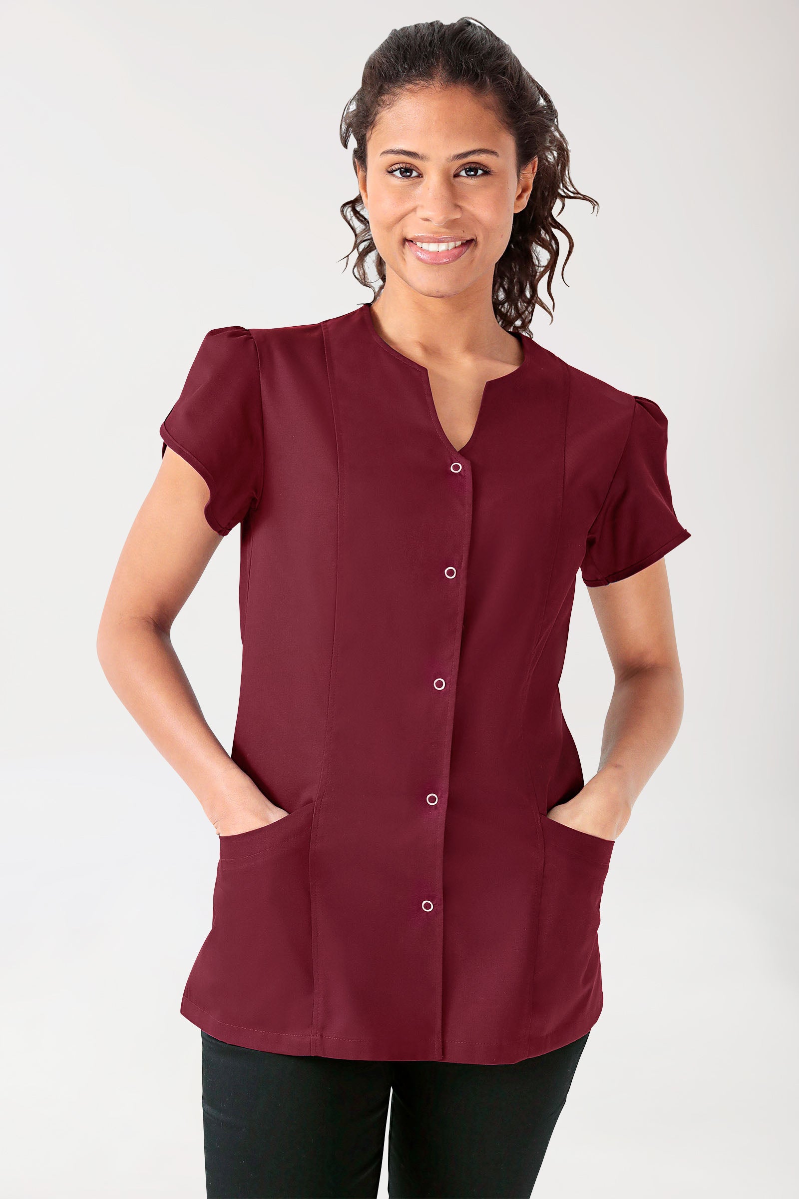 Beauty Kasack Damen - mit Puffärmel bordeaux, Vorderansicht 