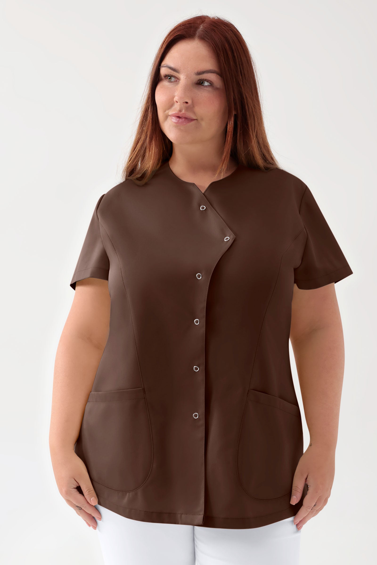 GREEN Stretch Kasack Damen - asymmetrische Druckknopfleiste coffee, Vue de face 