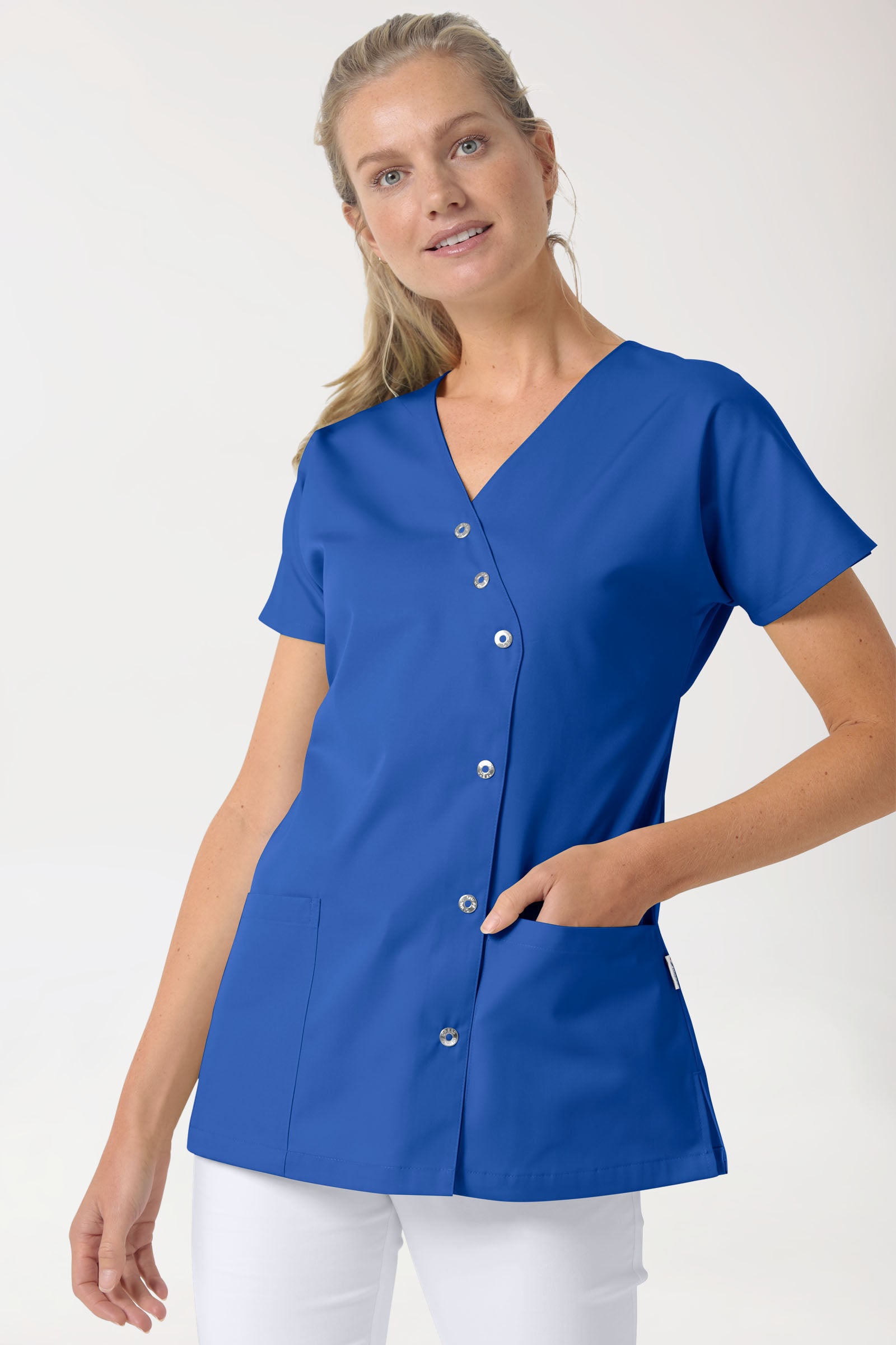 Beauty Kasack Damen - asymmetrische Druckknopfleiste königsblau