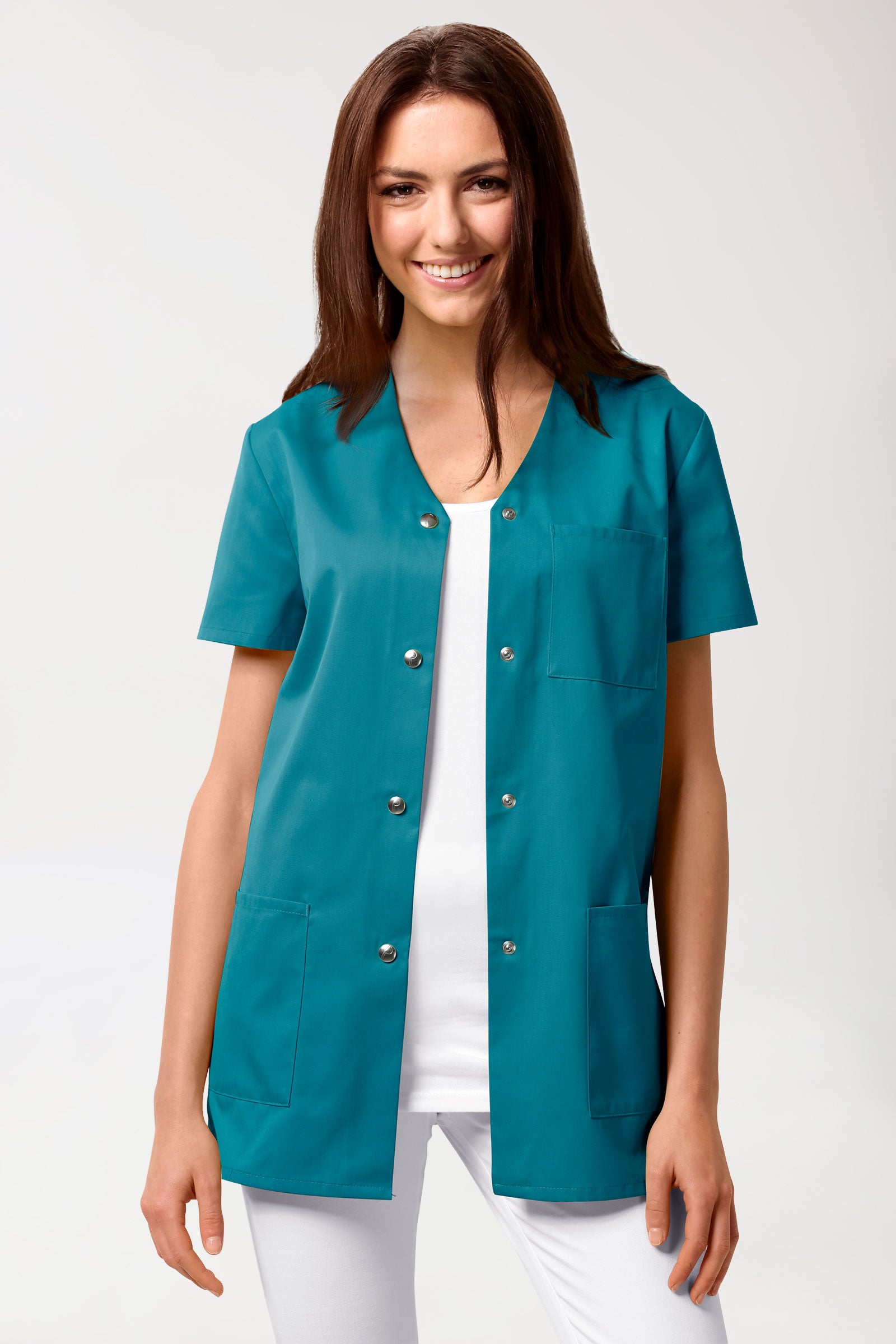 Beauty Kasack Damen - durchgeknöpft petrol, Vorderansicht 