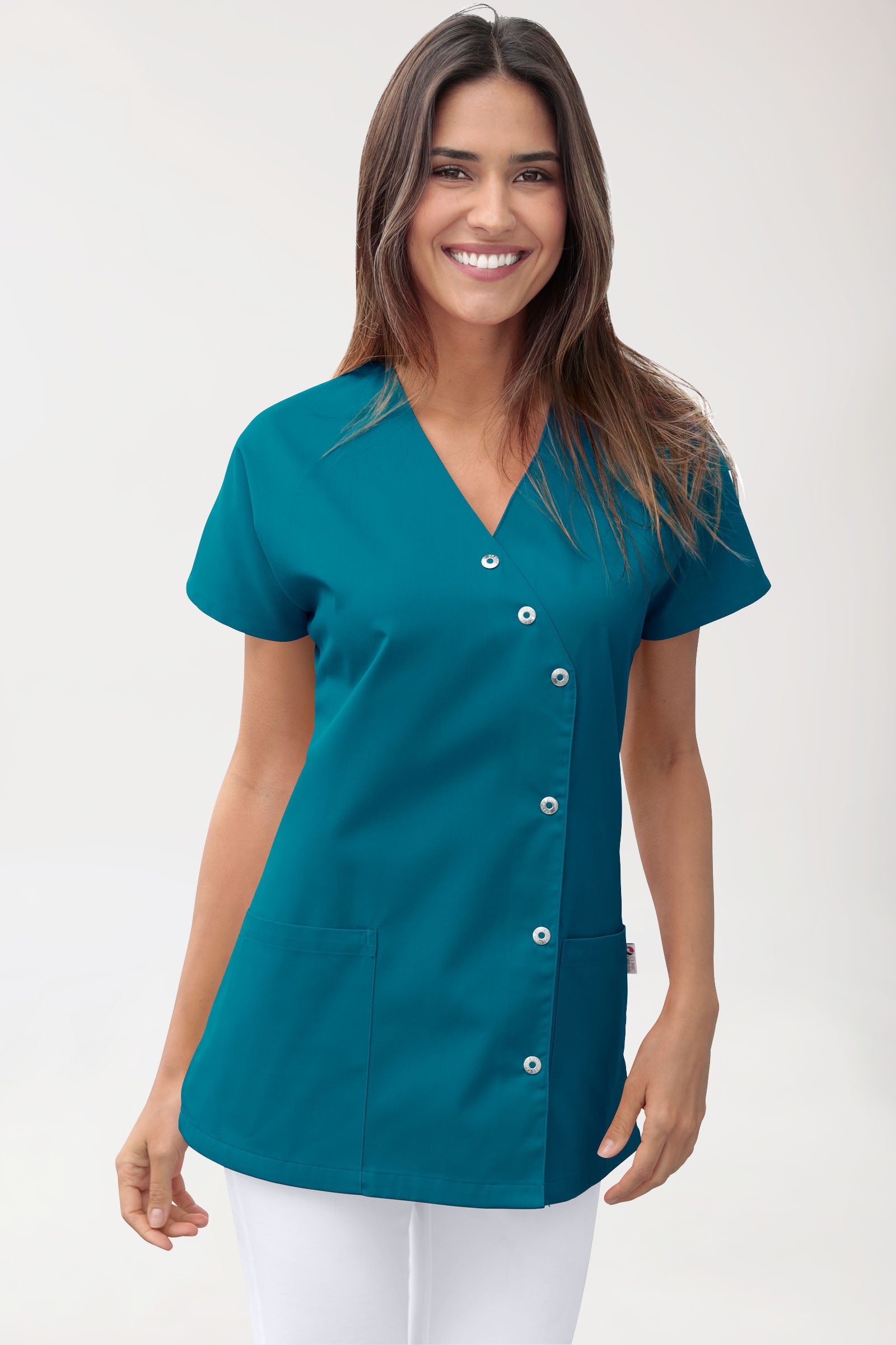 Beauty Kasack Damen - asymmetrische Druckknopfleiste petrol