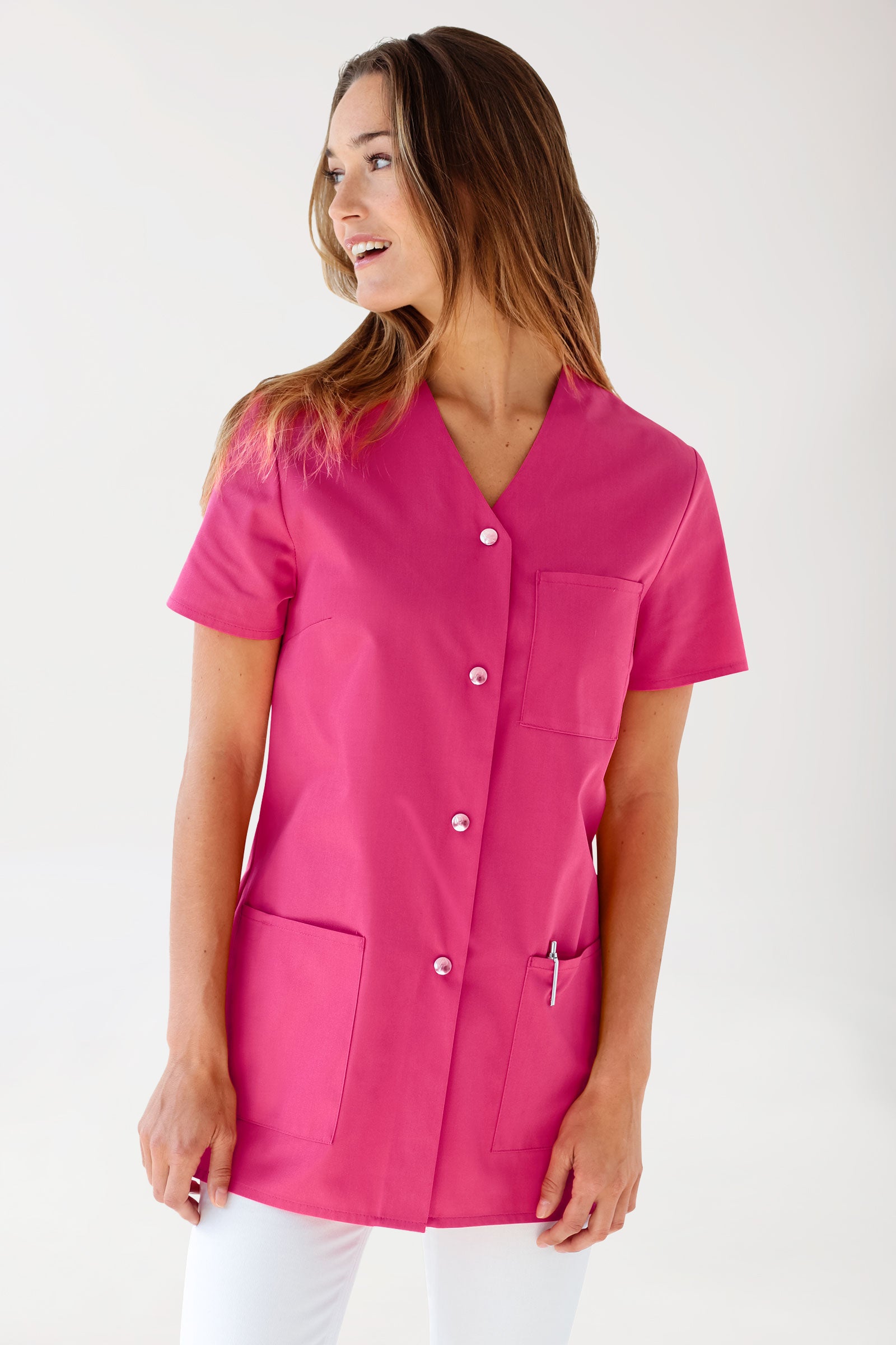 Beauty Kasack Damen - durchgeknöpft pink, Vorderansicht 